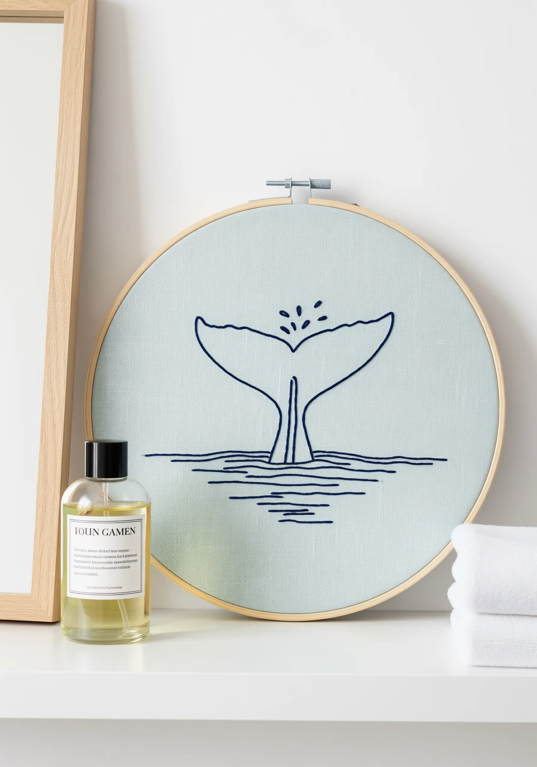 A whale tail splashing in the water, embroidered in dark blue on light blue fabric.