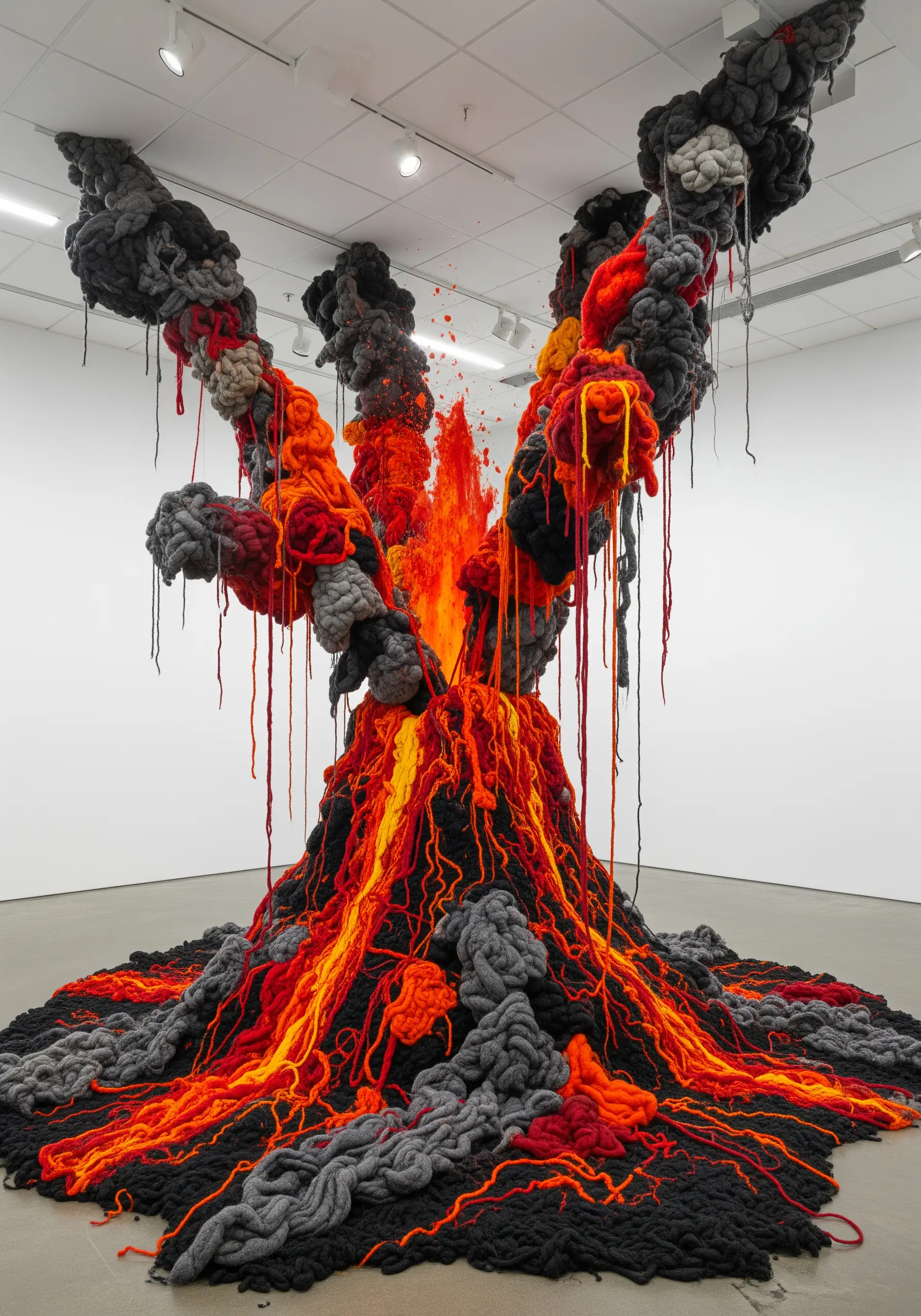 A sculptural fiber art installation of a volcano erupting with red, orange, and black yarn.