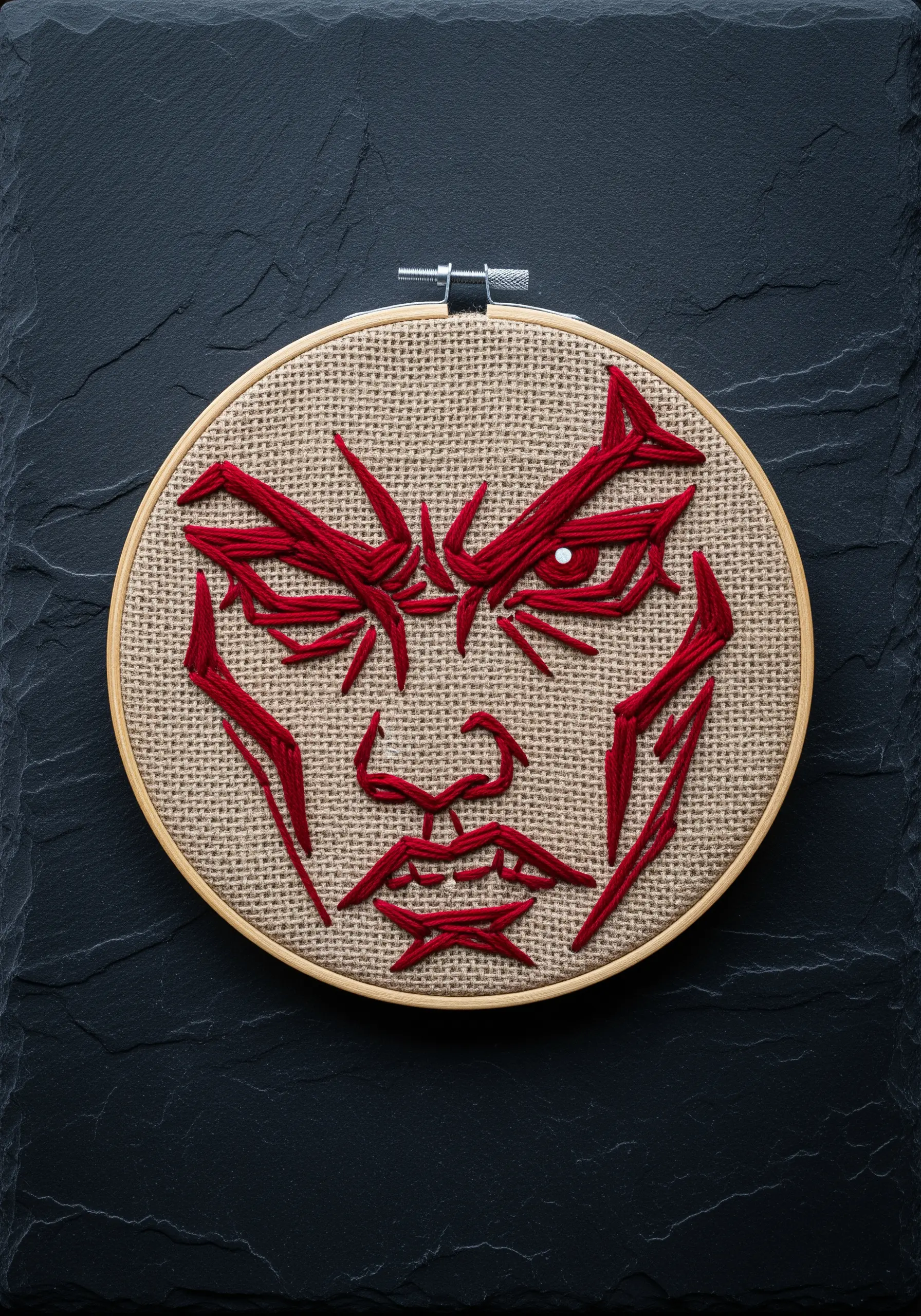 An intense, stylized face embroidered in thick red satin stitch on burlap.