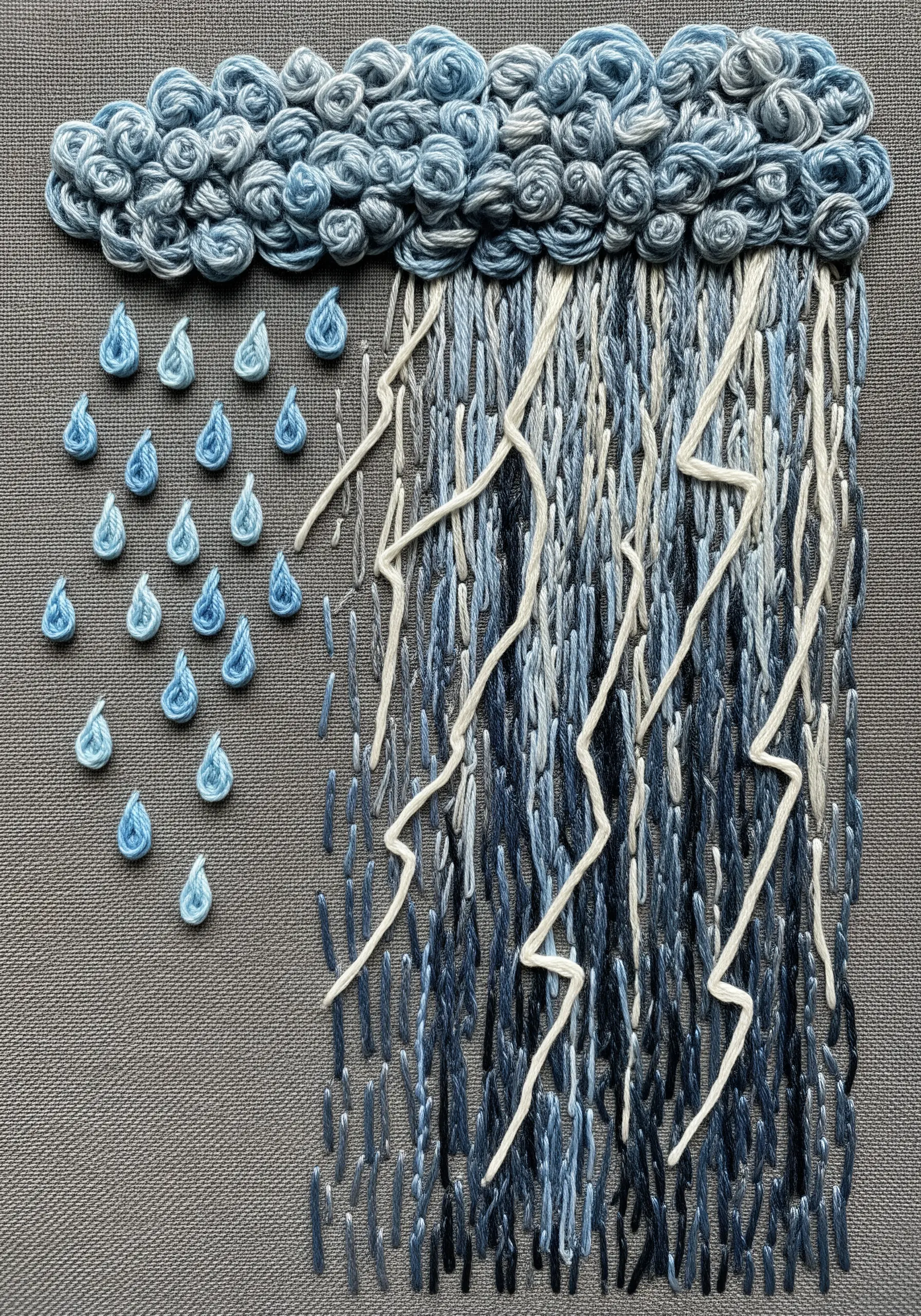 An embroidered storm cloud with textured knots, straight stitch rain, and backstitched lightning.