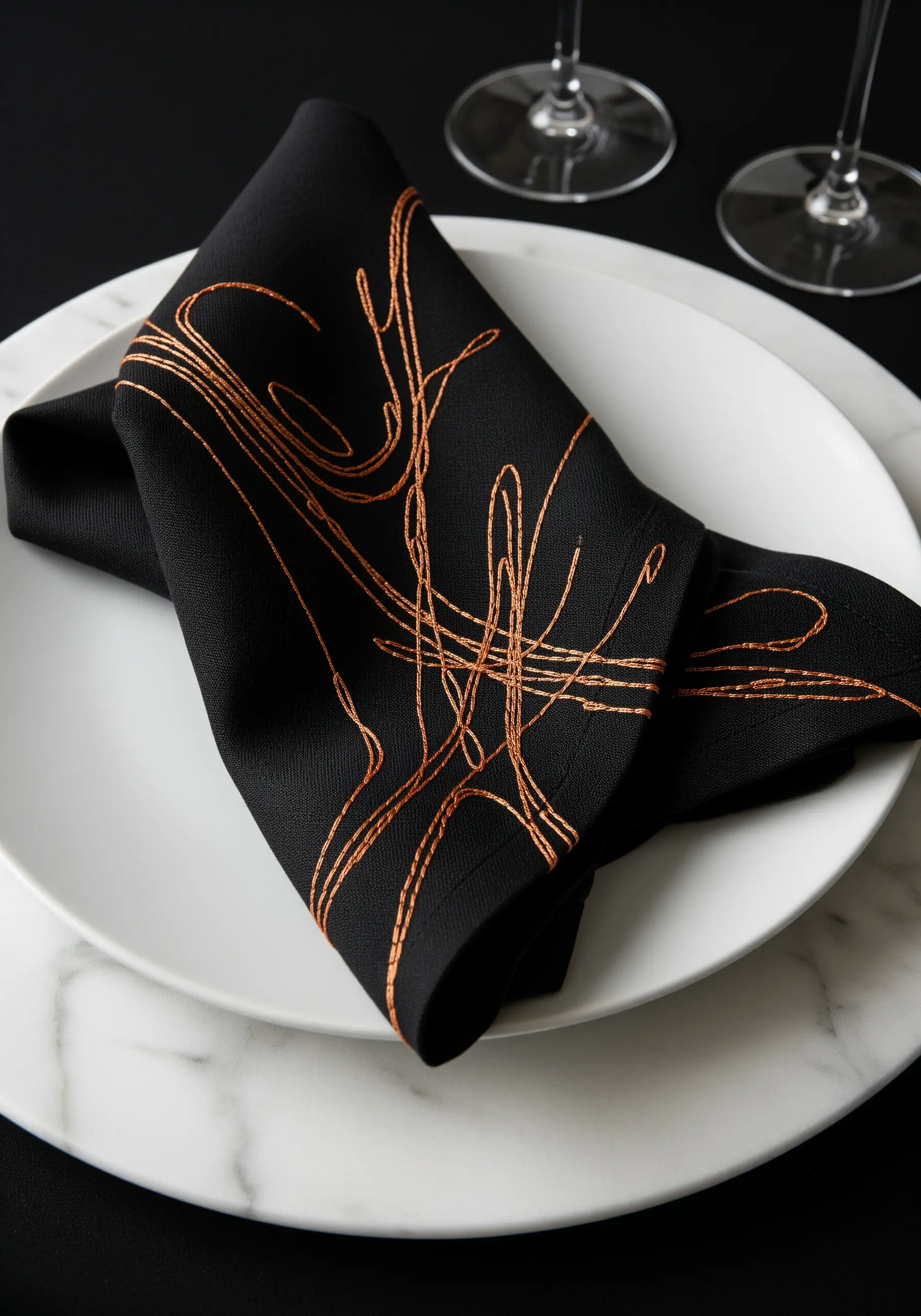 Abstract freeform scribble embroidered with copper metallic thread on a black napkin.