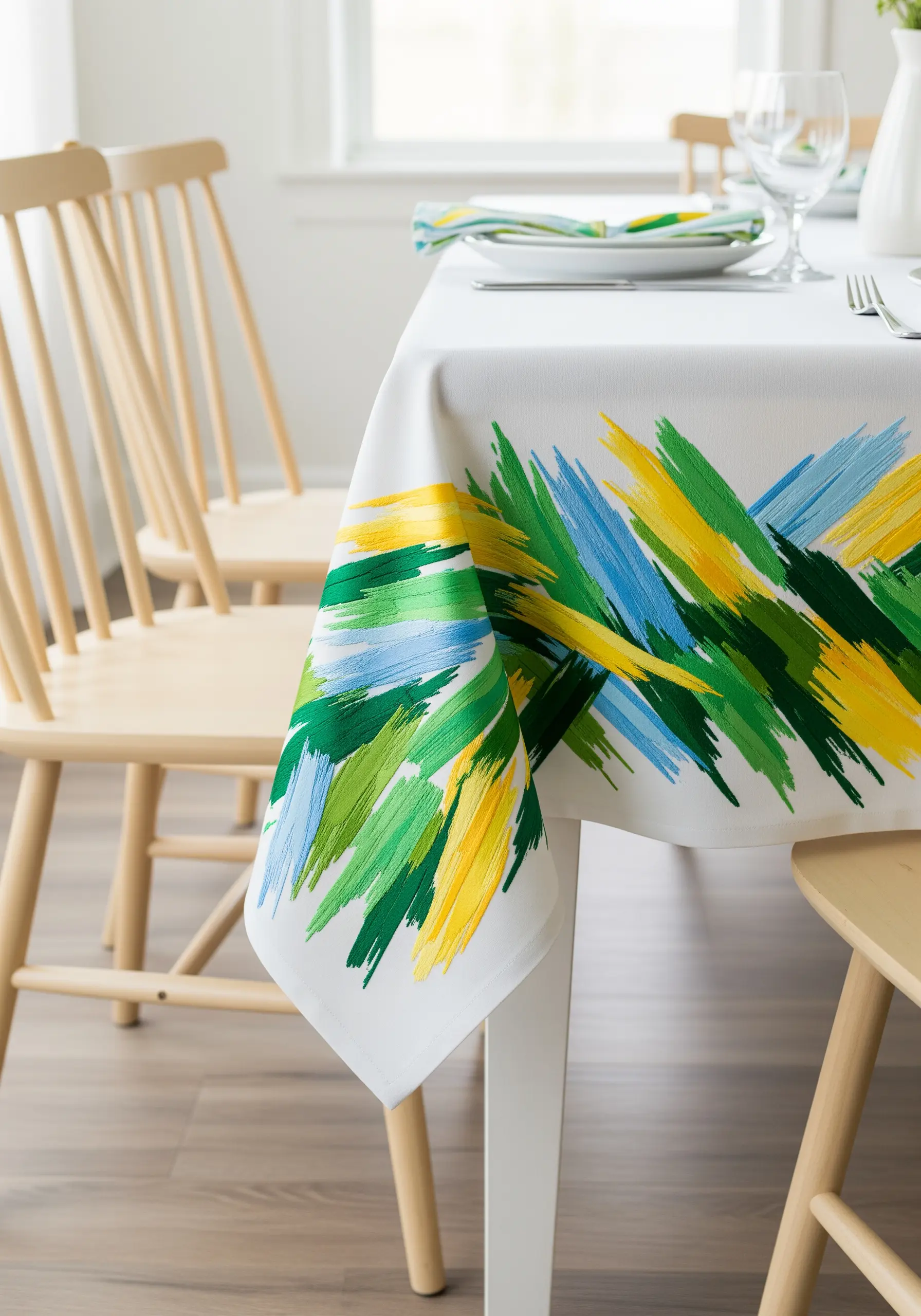 Abstract brushstroke embroidery in greens, blues, and yellow on a white tablecloth.