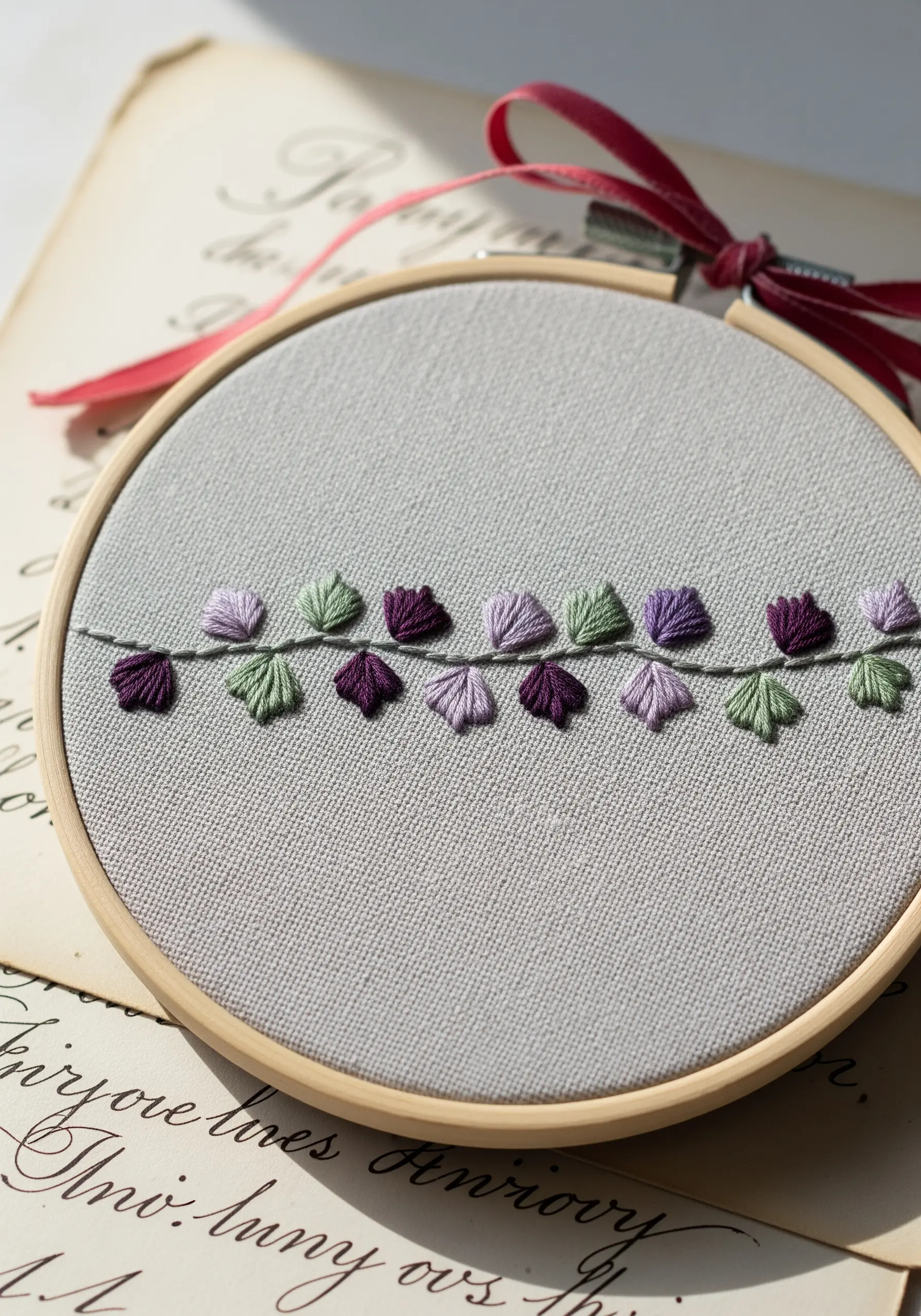 A delicate embroidered vine with small leaves in shades of purple and green.