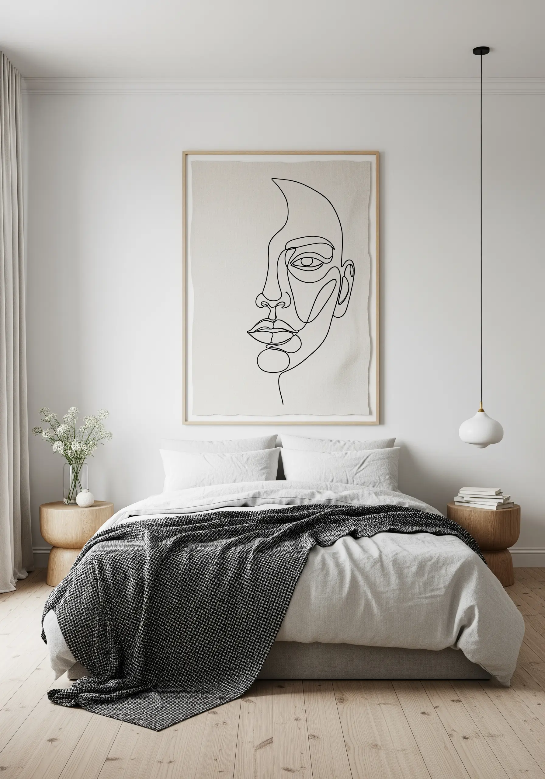 Large, framed wall art of a minimalist, single-line embroidered portrait of a face on neutral fabric.