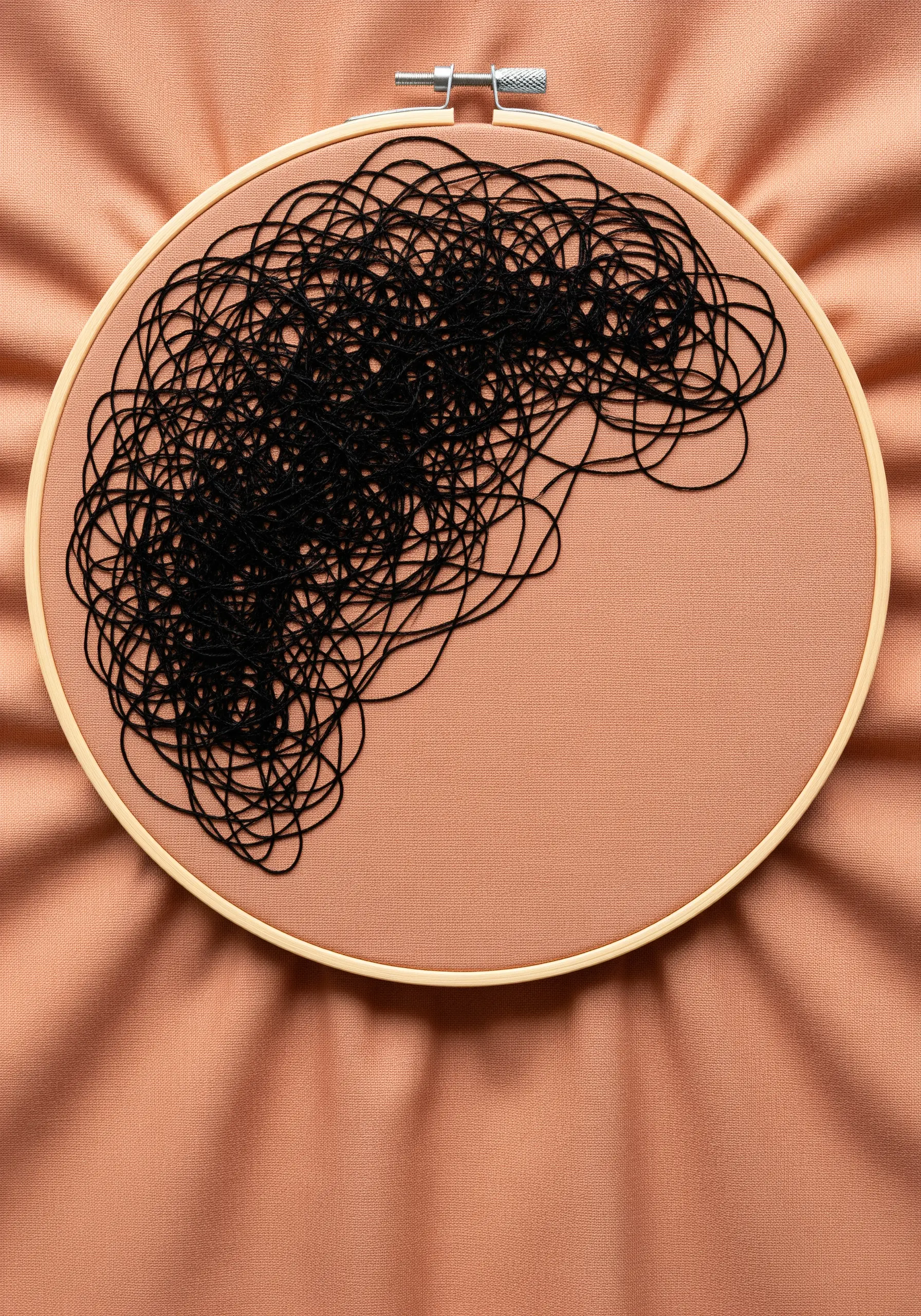 A dense, tangled mass of black thread scribble-stitched on a peachy-pink fabric.