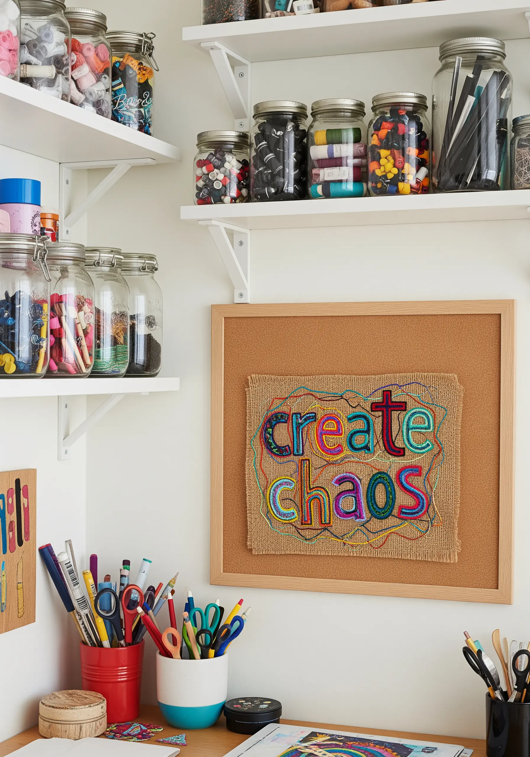 The phrase 'create chaos' embroidered with colorful, layered, and scribbled threads on burlap.