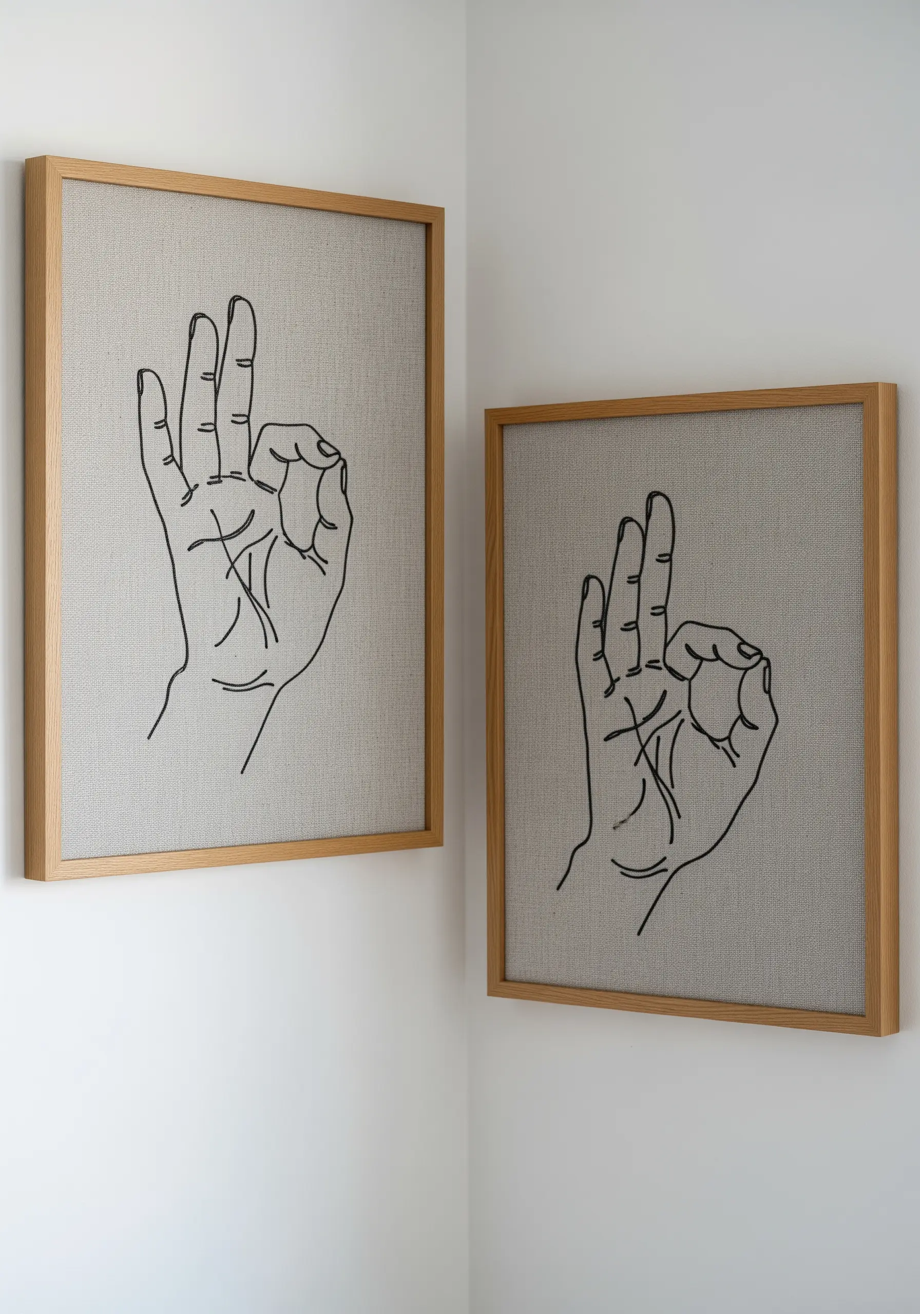 Two framed pieces of line art embroidery showing hands in a mudra pose.