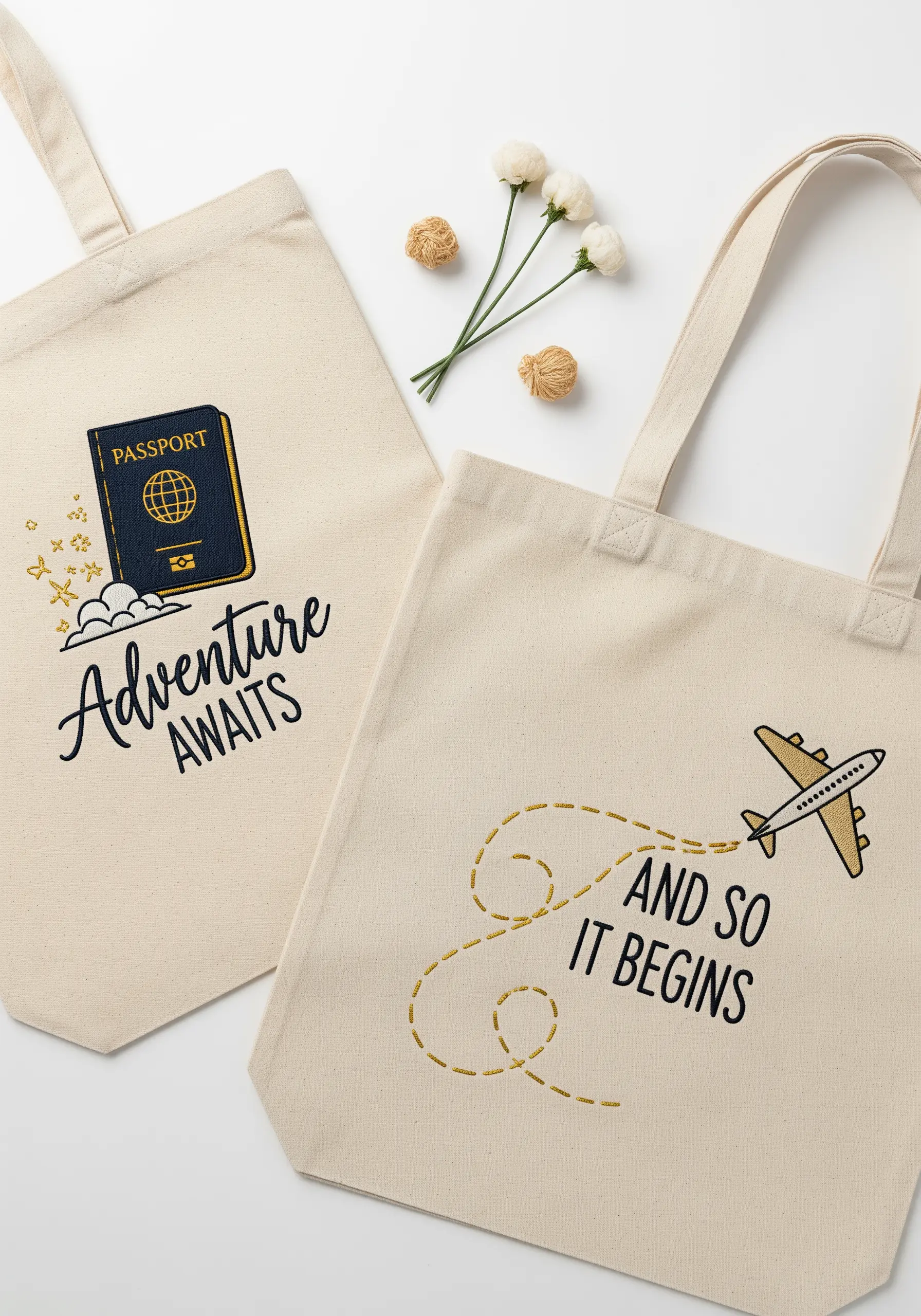 Travel-themed tote bags embroidered with a passport and an airplane with a flight path.