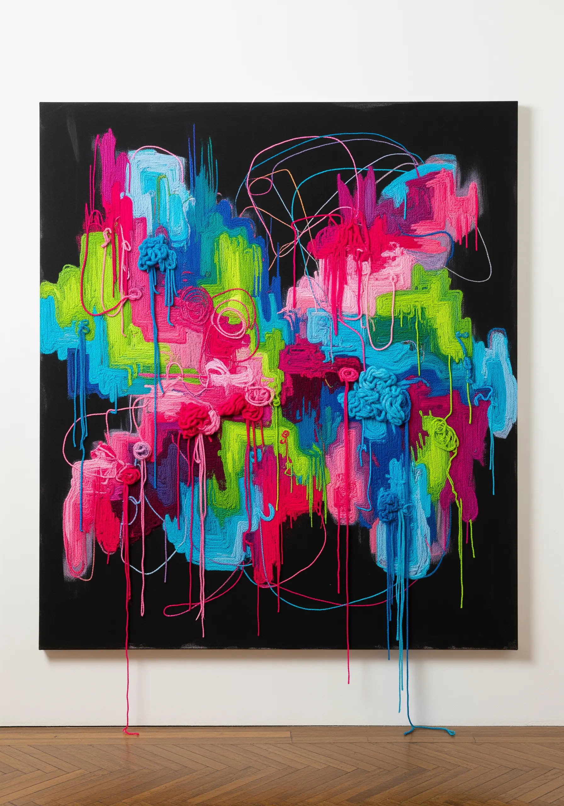 Abstract yarn art on a black canvas with vibrant pink, blue, and green freeform stitches.