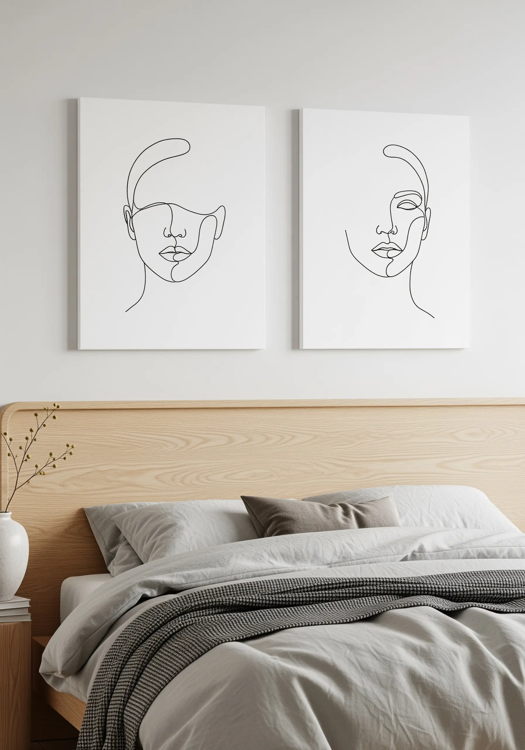 Two minimalist line-art portraits stitched in black thread, hanging above a bed.