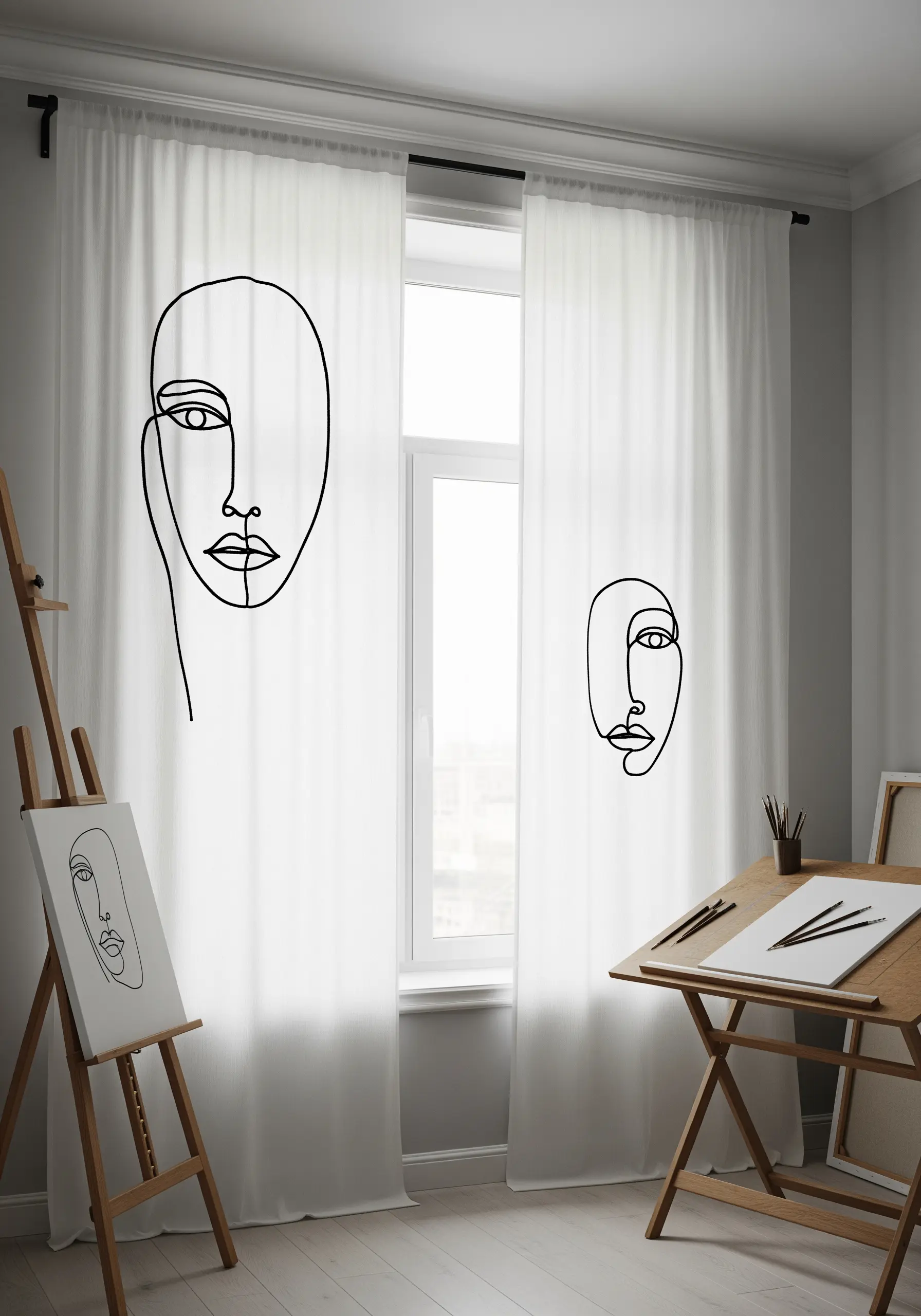 Minimalist single-line art faces embroidered in black on white sheer curtains.