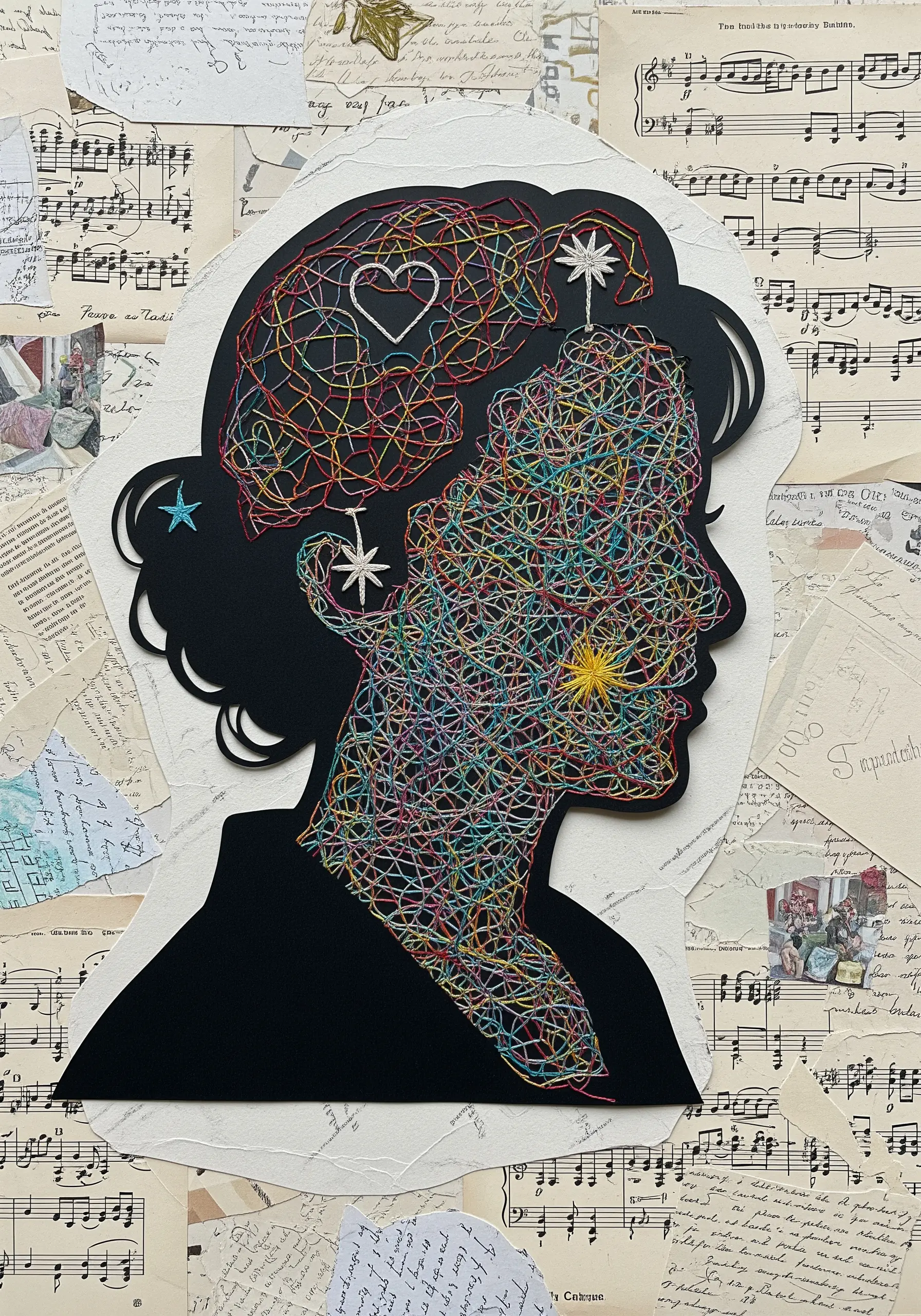 Abstract portrait in string art over a silhouette on a sheet music collage.