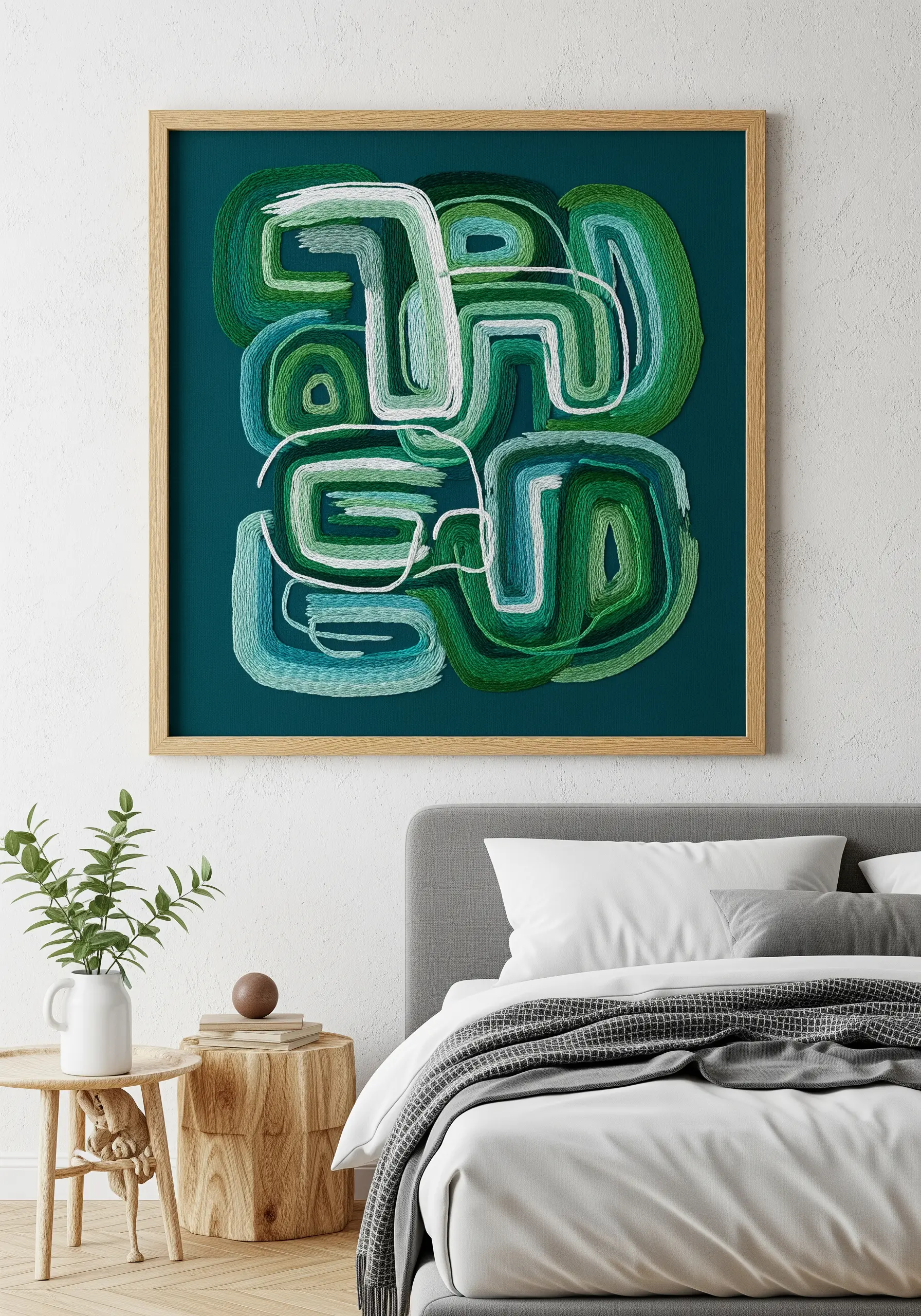 Framed abstract embroidery with layered green and white satin stitches creating a painterly effect.