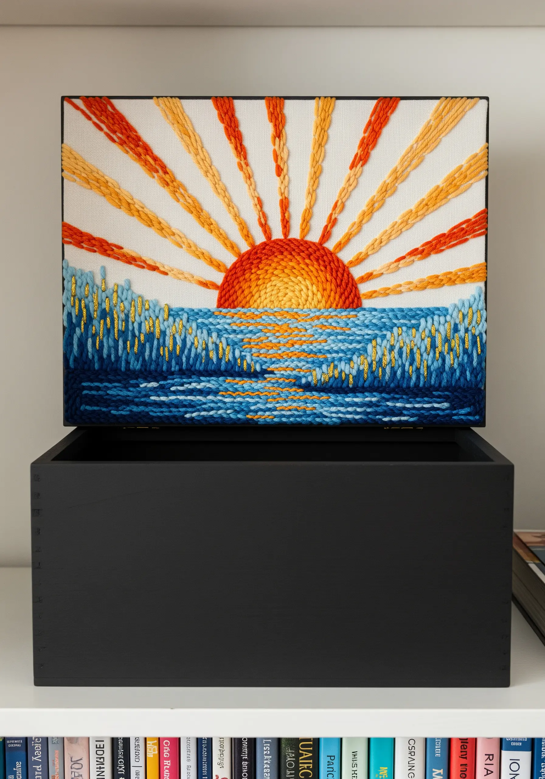 The lid of a box decorated with a textural, embroidered sunrise over the ocean.