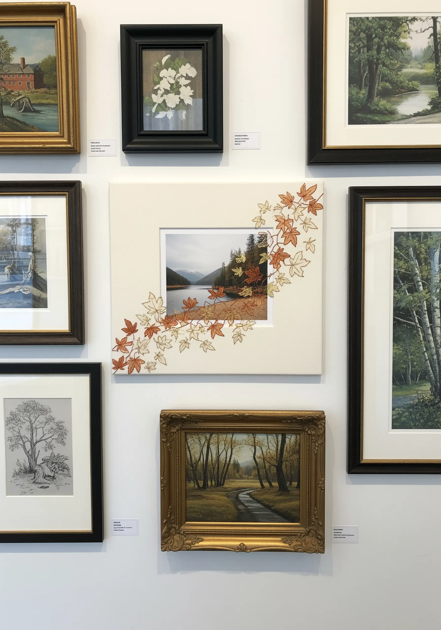 A framed photo where embroidered autumn leaves extend from the picture onto the white mat board.