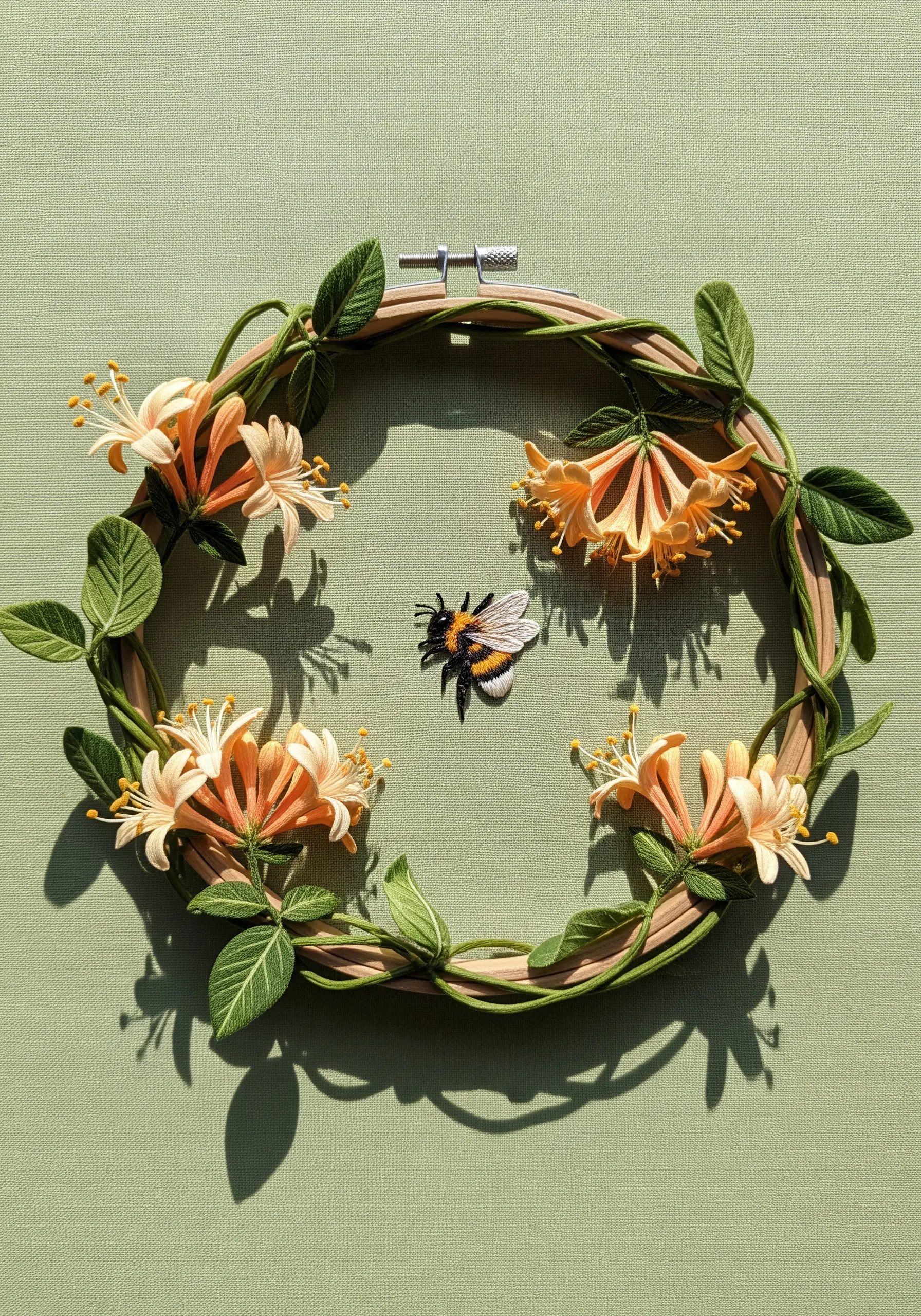 A 3D embroidery of honeysuckle vines wrapped around the hoop with a dimensional bee.