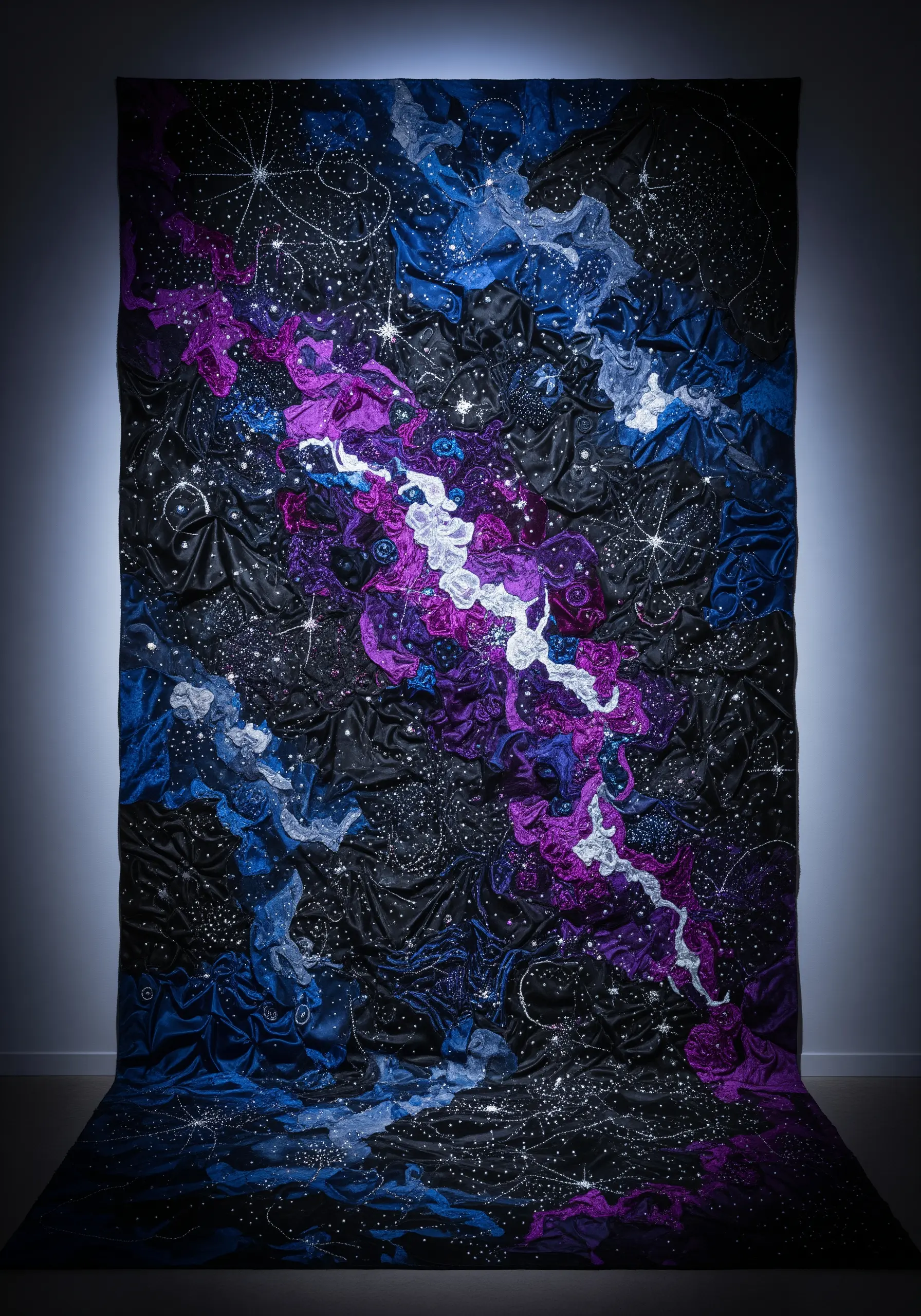 A massive, dark tapestry of a galaxy, created with pleated fabric and shimmering star-like stitches