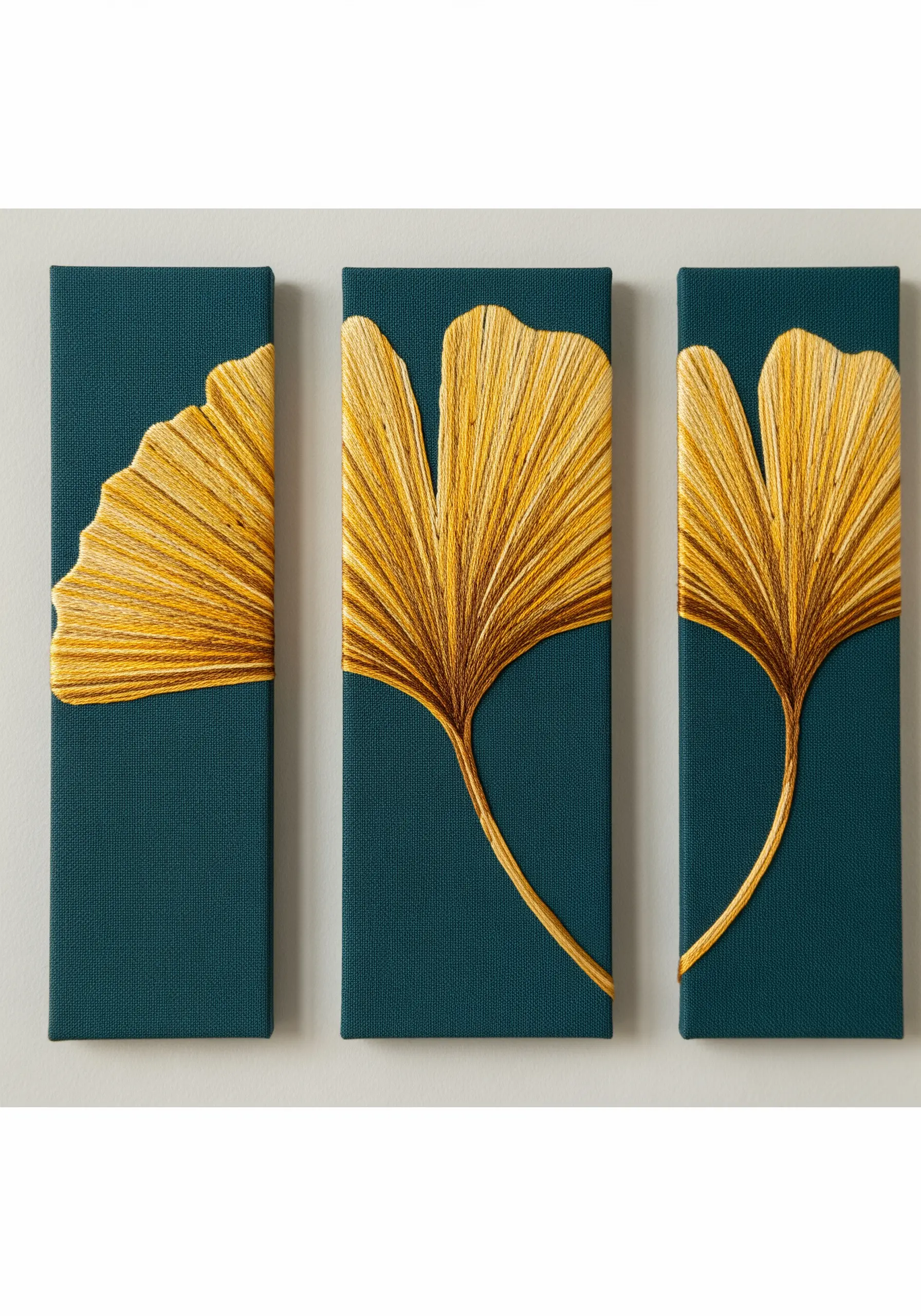A triptych of three canvases showing an embroidered ginkgo leaf with fanned golden threads.