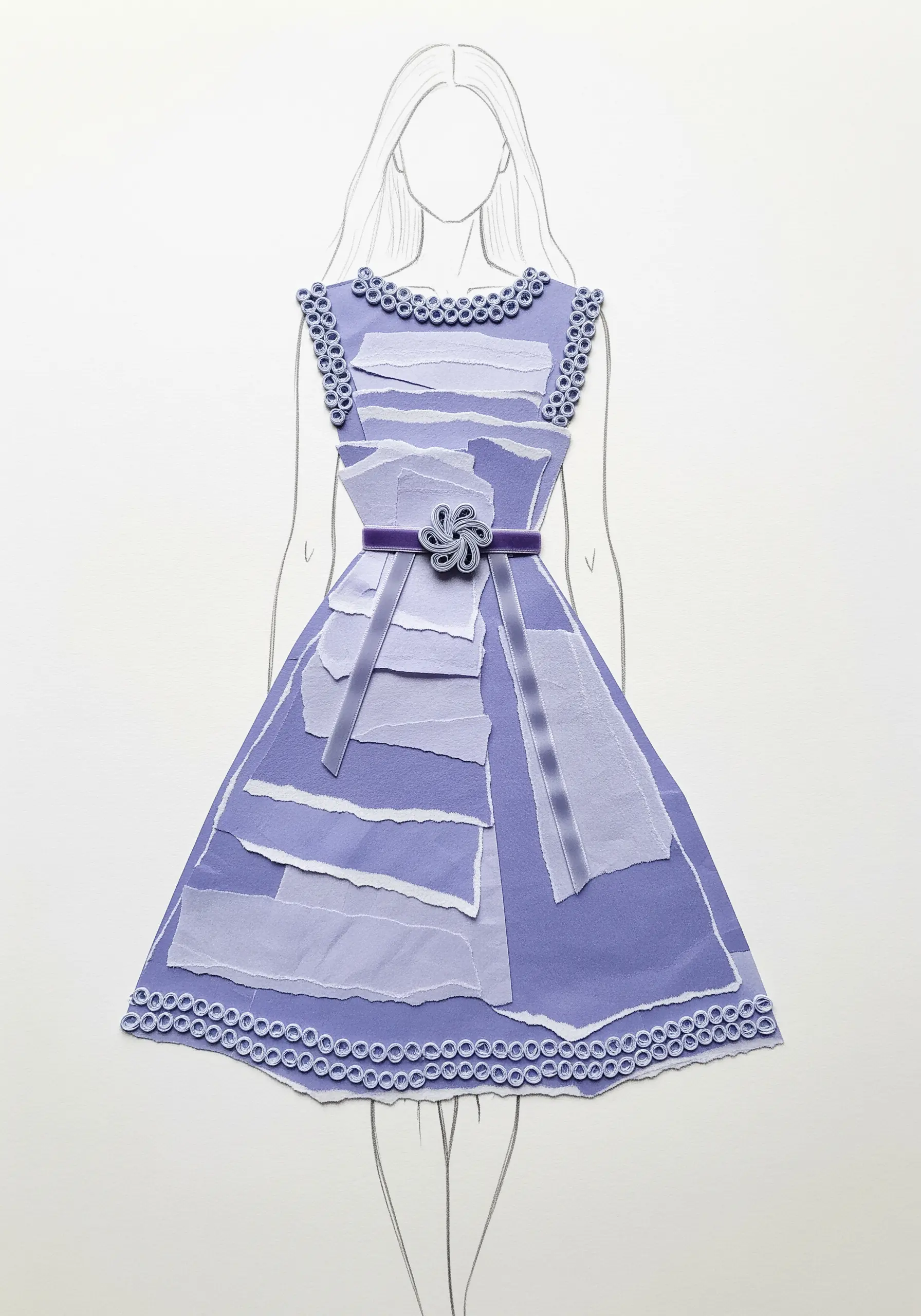 A fashion illustration of a dress made from a collage of torn purple paper and quilled details.