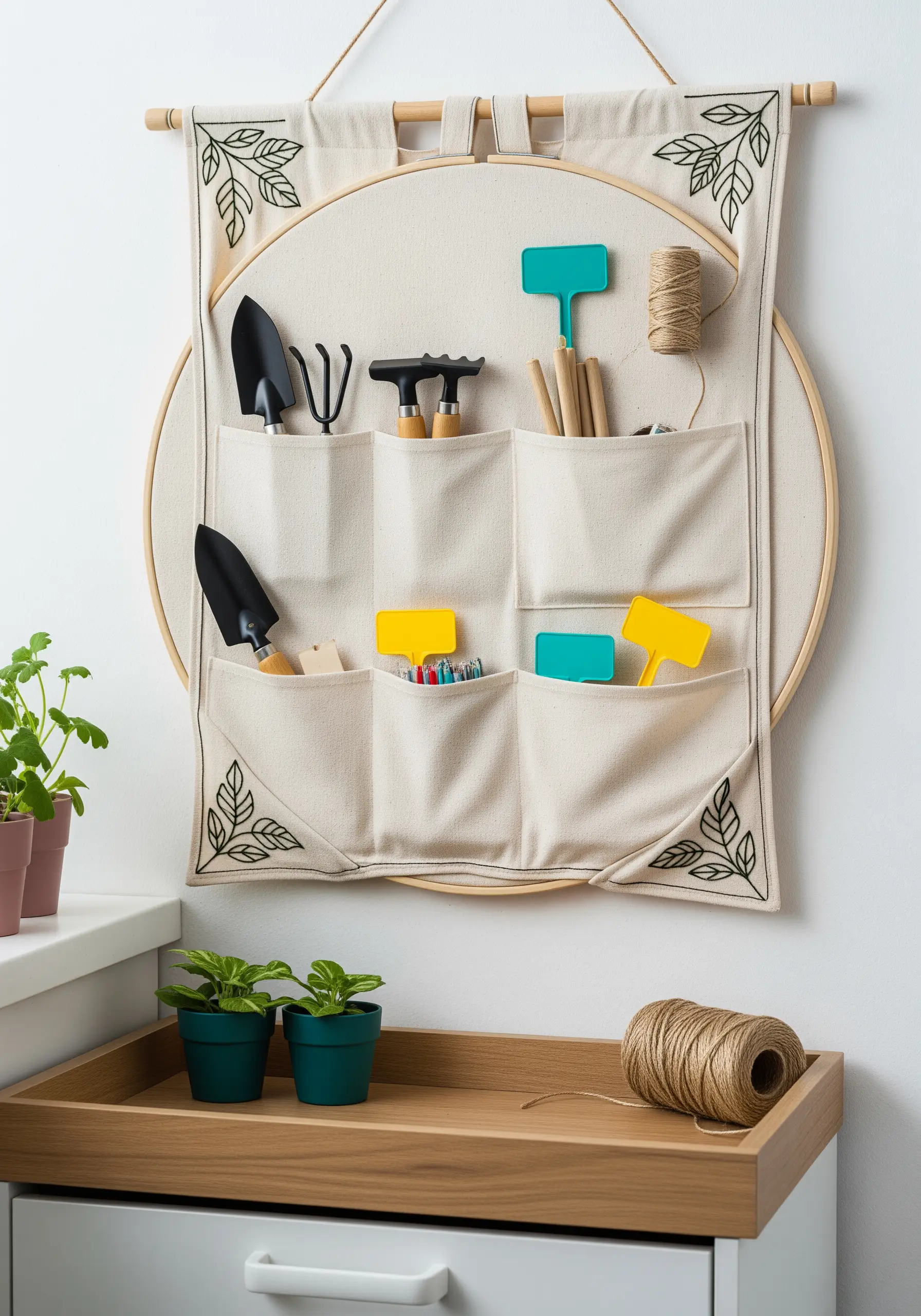 An embroidery hoop transformed into a wall-hanging organizer with pockets for garden tools.