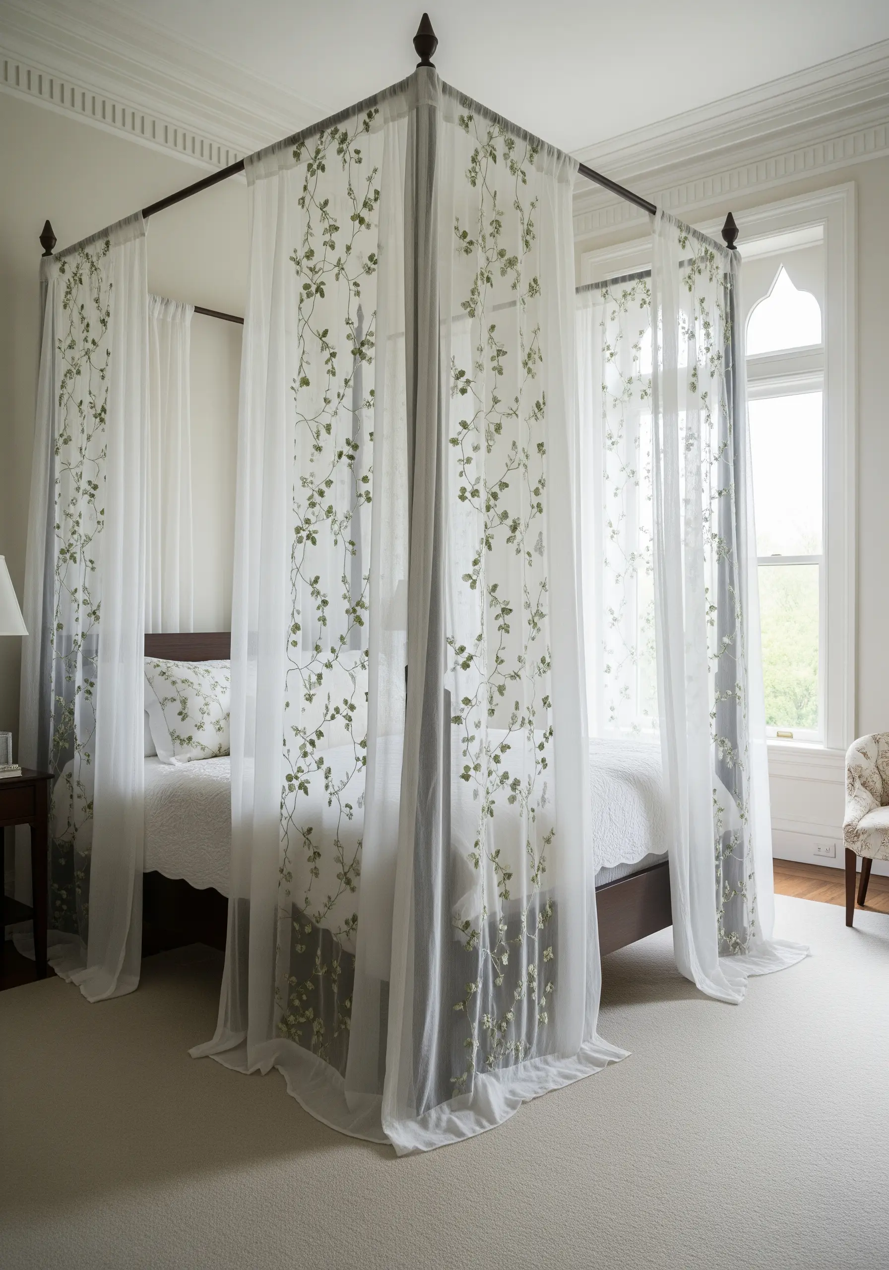 A sheer white bed canopy embroidered with a delicate, trailing green vine pattern.