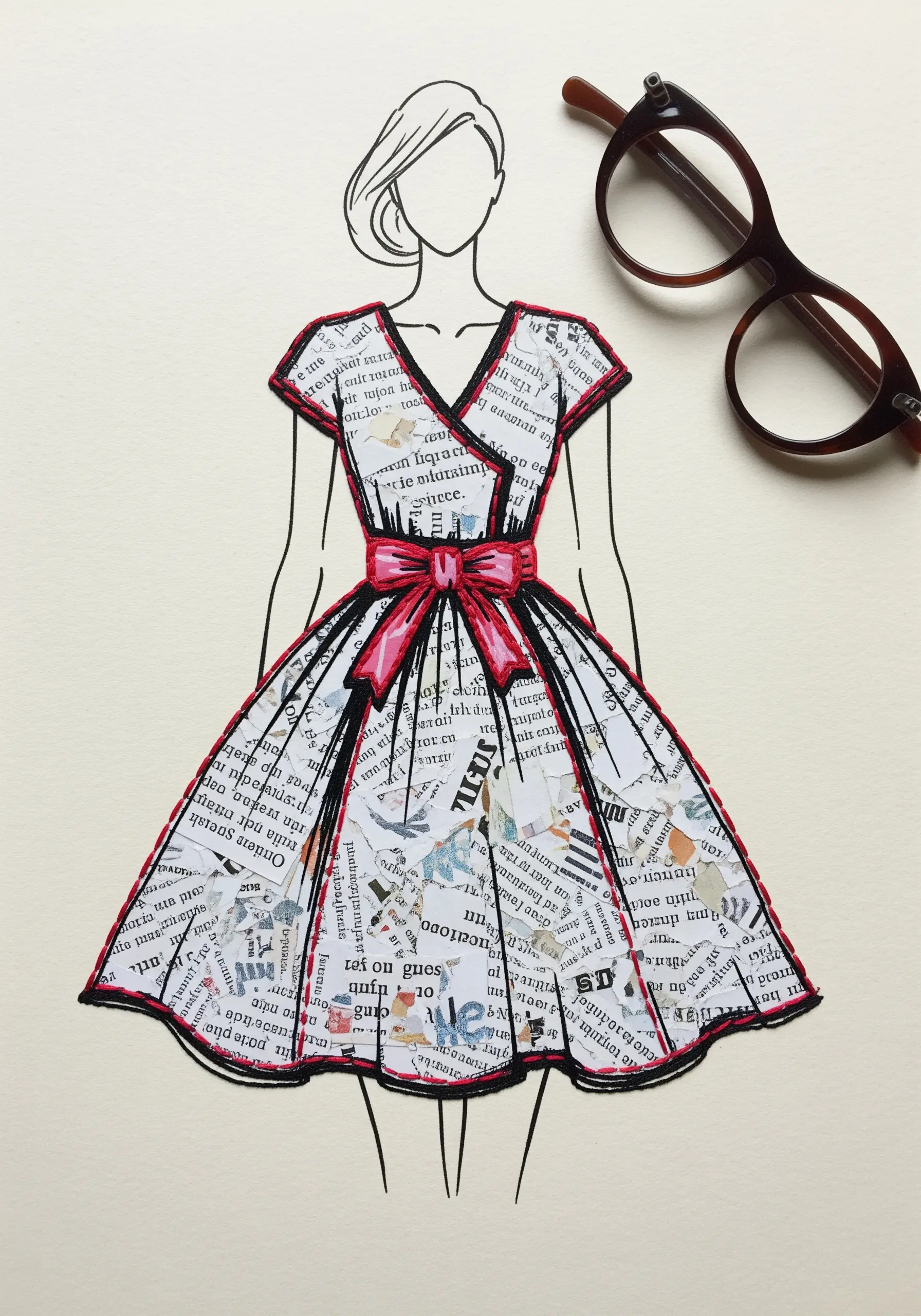 A fashion illustration where the dress is made from newspaper collage with red embroidered outlines.