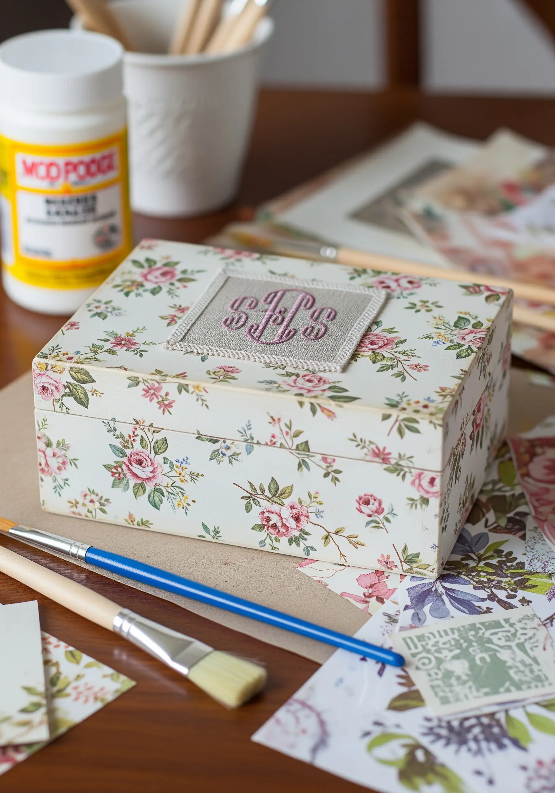 A floral decoupage box with a square of embroidered monogram initials centered on the lid.