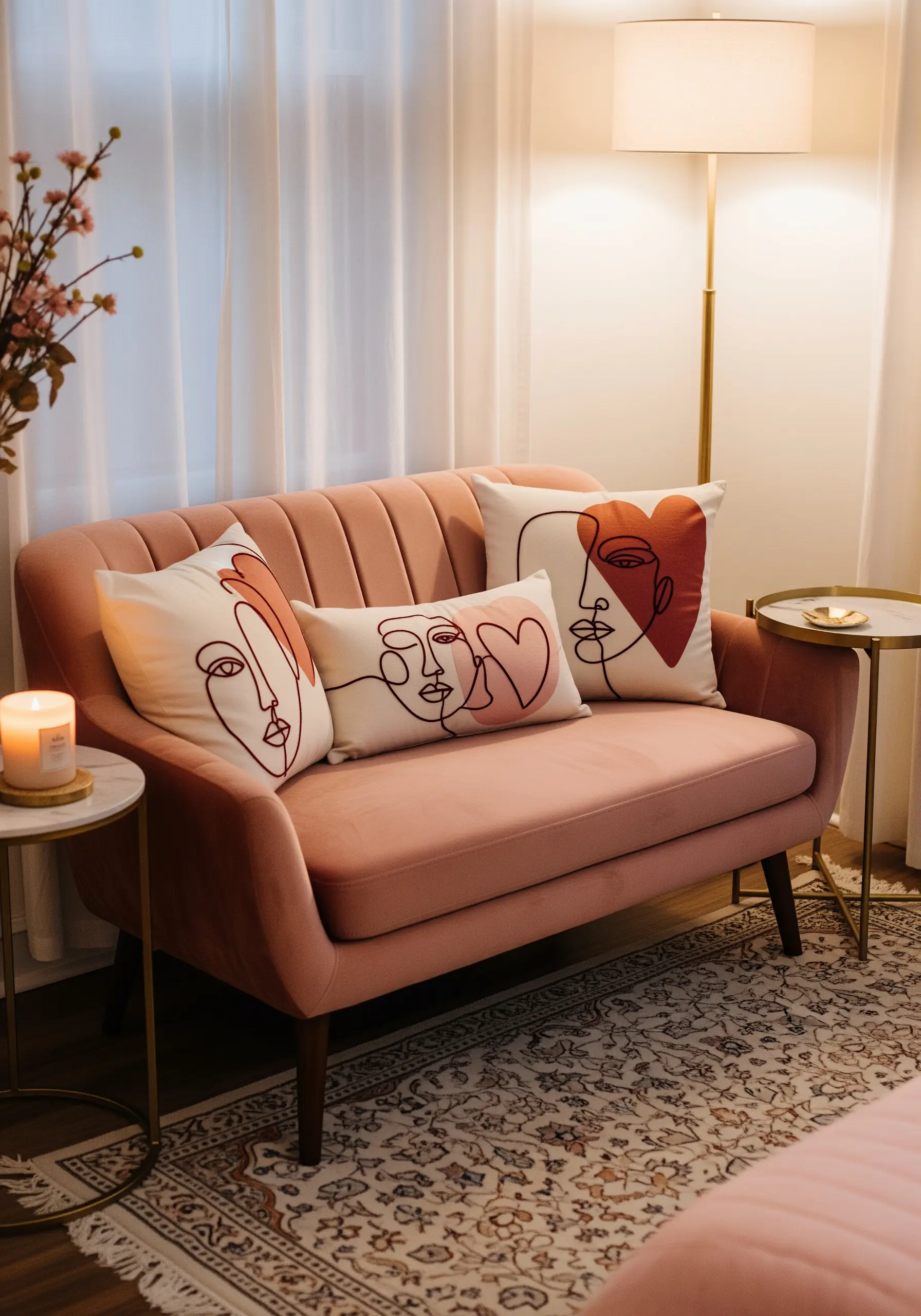 Three pillows with abstract line art faces embroidered in black and red on a pink sofa.