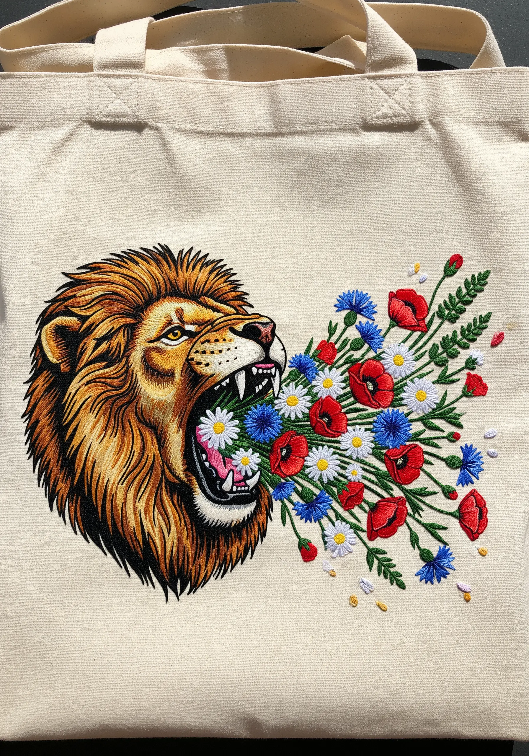 Embroidered roaring lion with a bouquet of wildflowers emerging from its mouth on a canvas tote.
