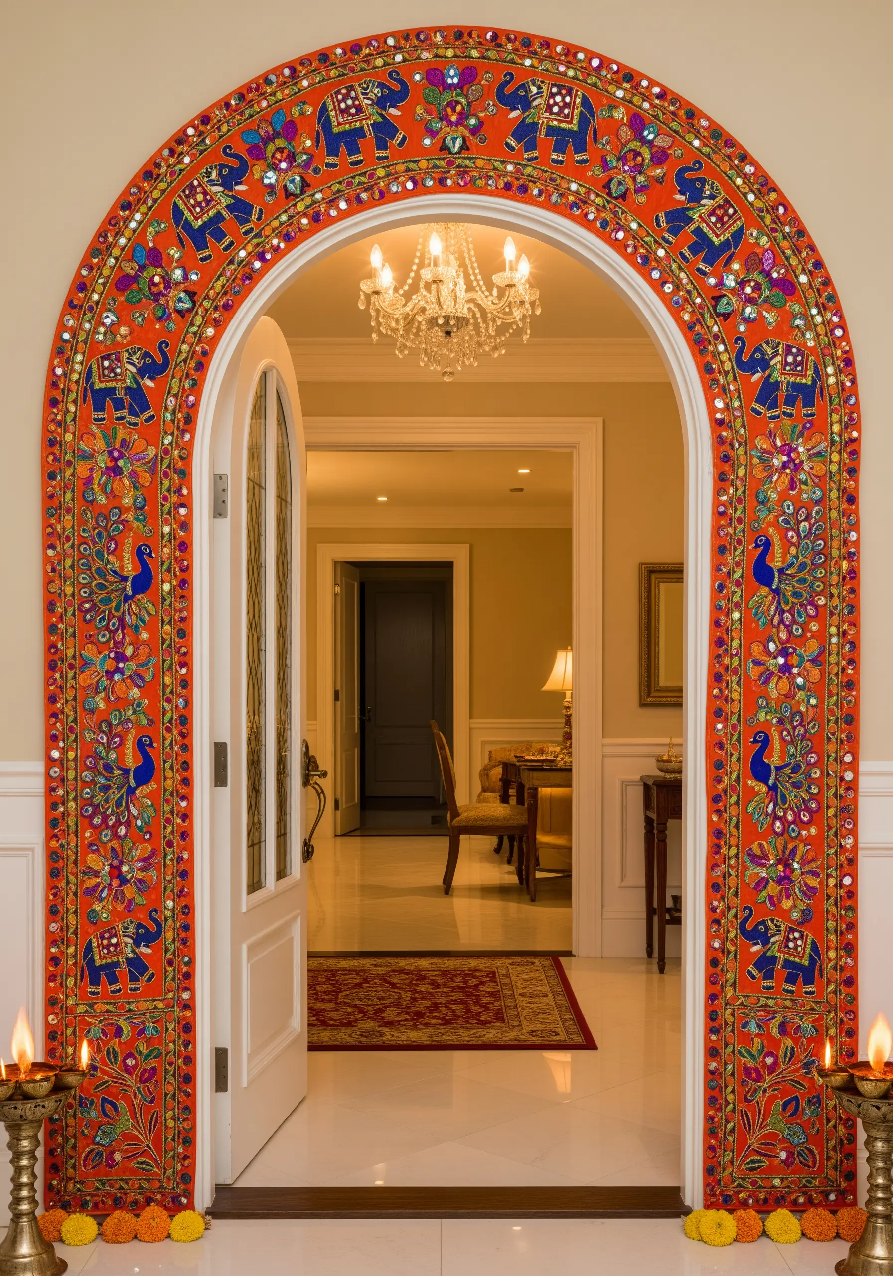 An ornate, embroidered toran with elephants and peacocks framing an arched doorway for Diwali.
