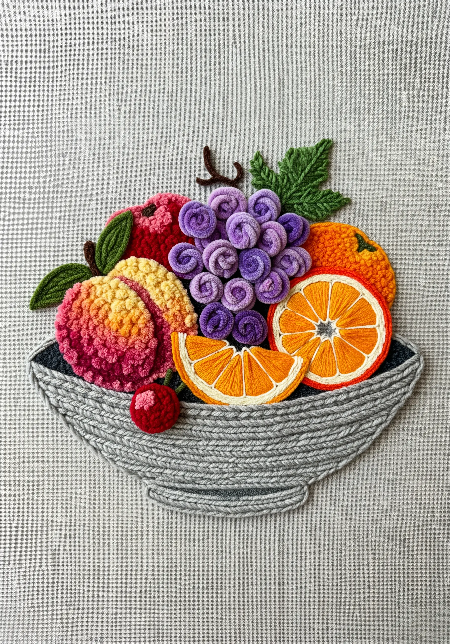 Embroidered fruit bowl with highly textured 3D stitches for each fruit.