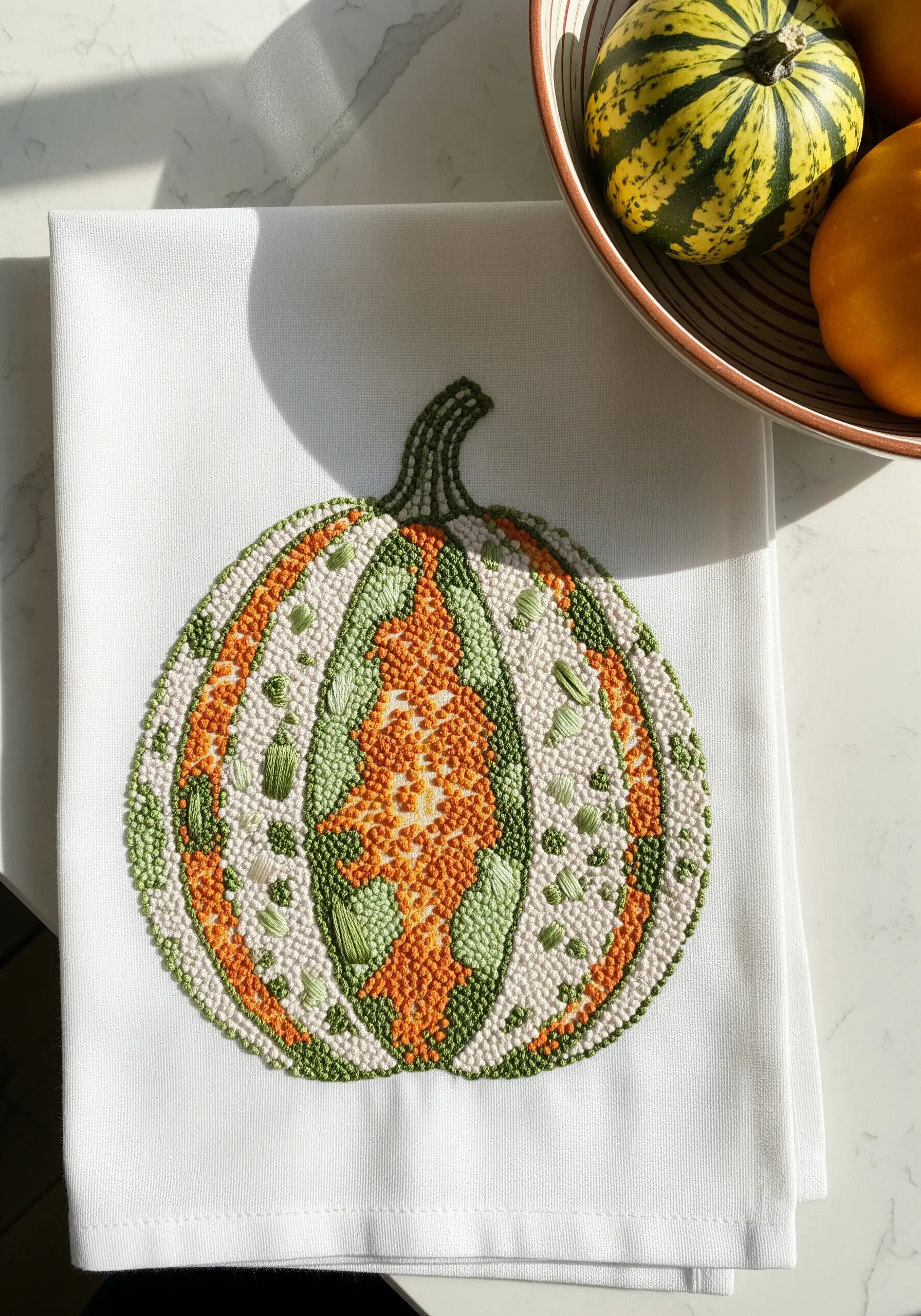 Embroidered gourd on a tea towel, filled with green, orange, and white seed stitches.