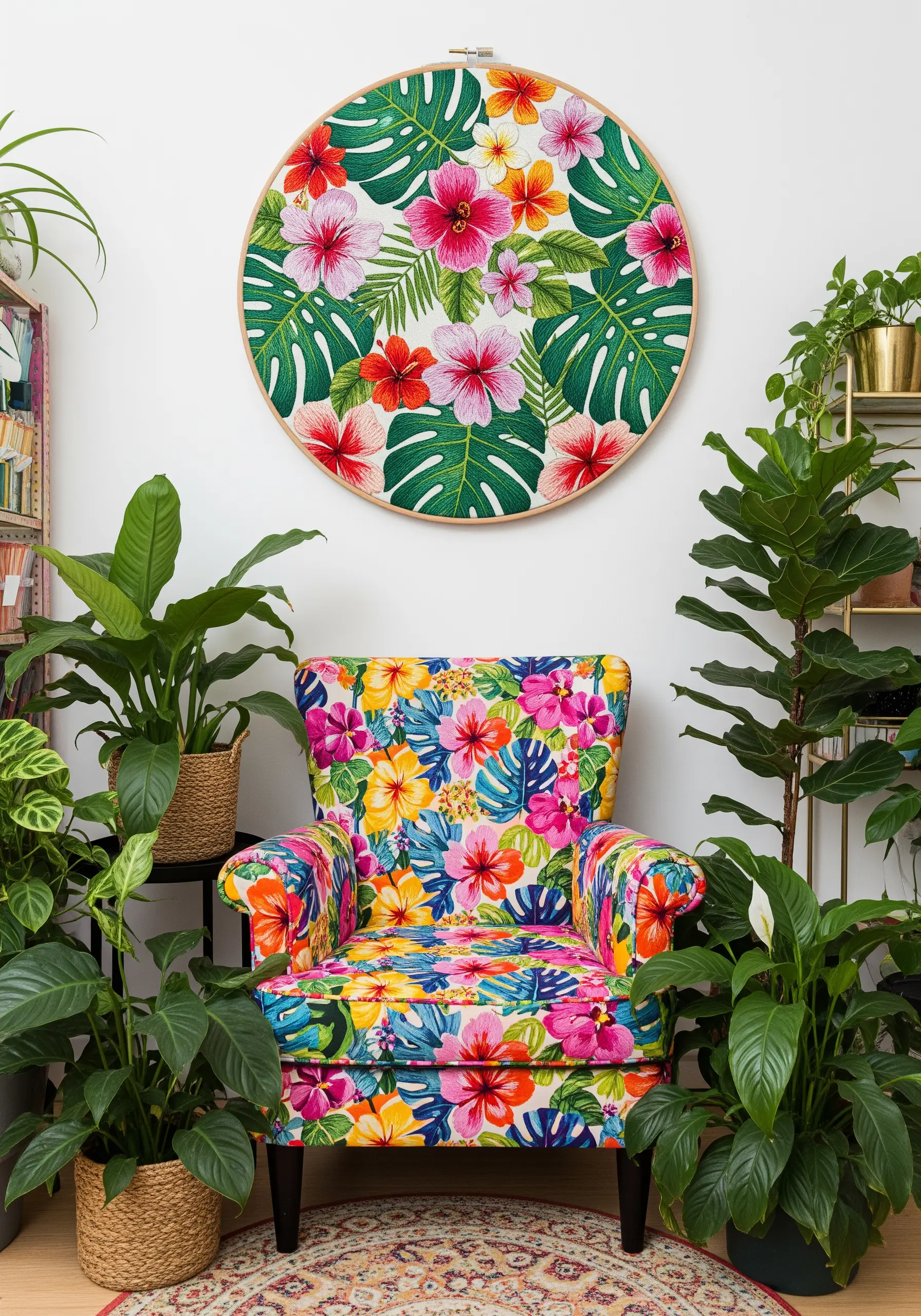 An oversized embroidery hoop filled with a dense pattern of tropical flowers and leaves.