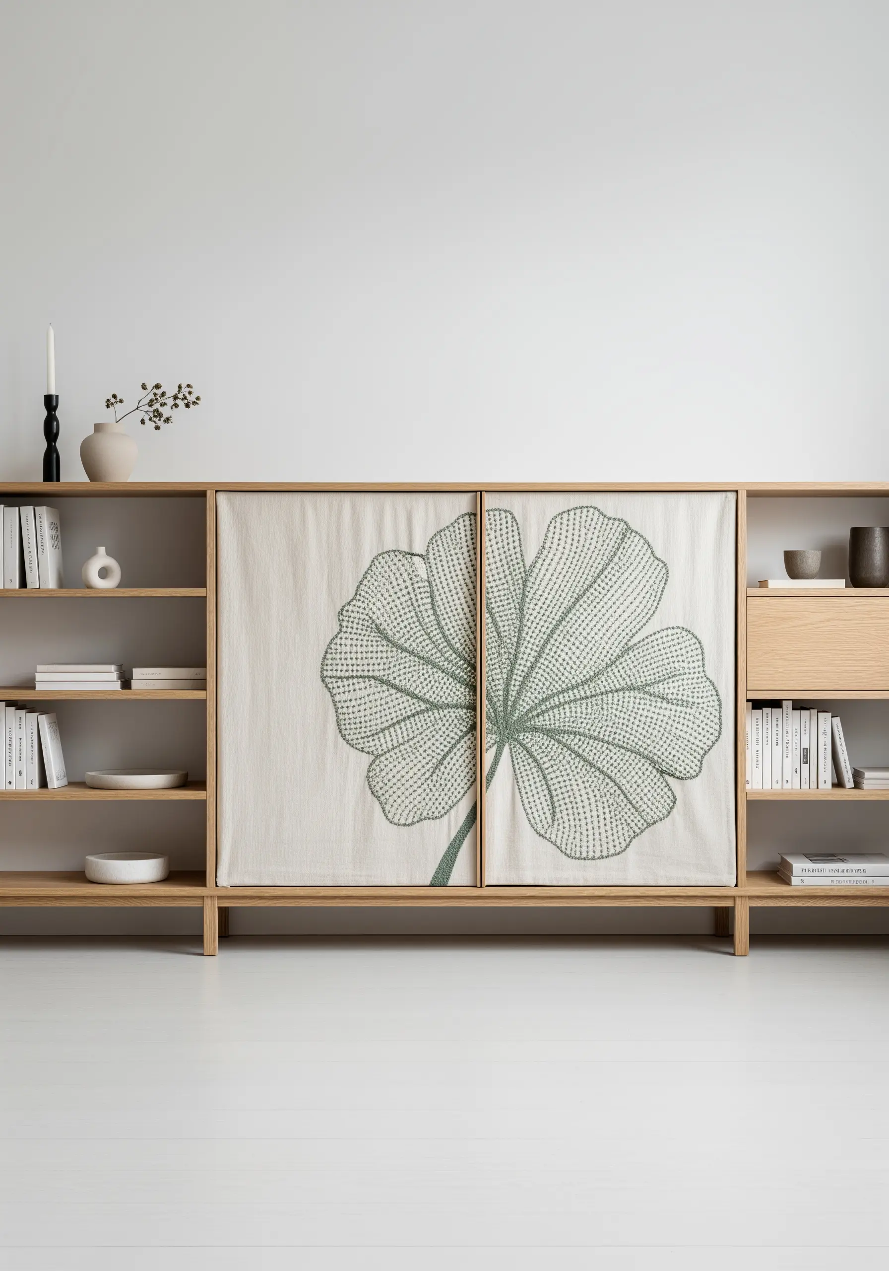 Cabinet doors covered in fabric and embroidered with a large leaf filled with seed stitches.