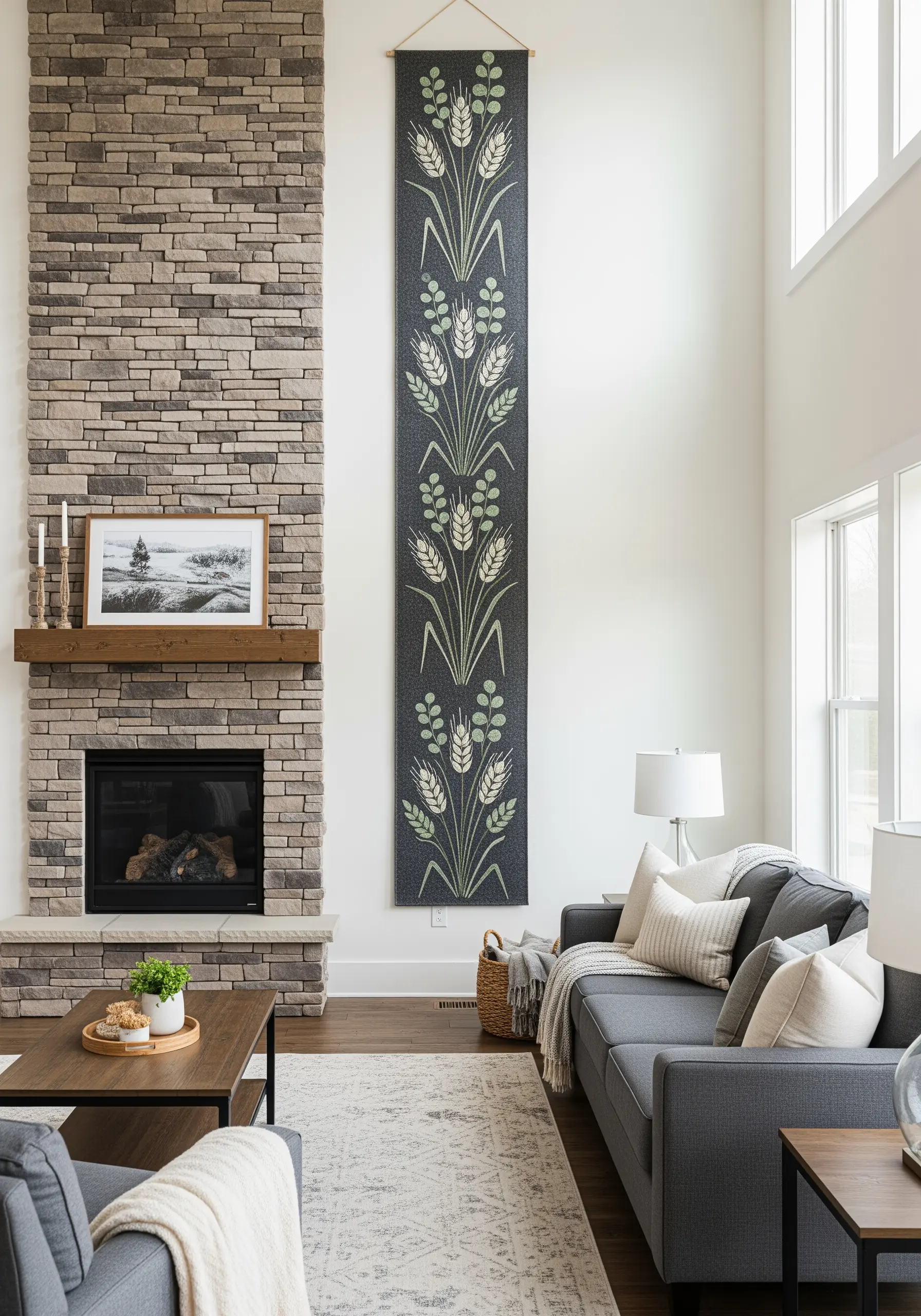 A tall, narrow tapestry with a repeating pattern of embroidered wheat stalks on a dark background.