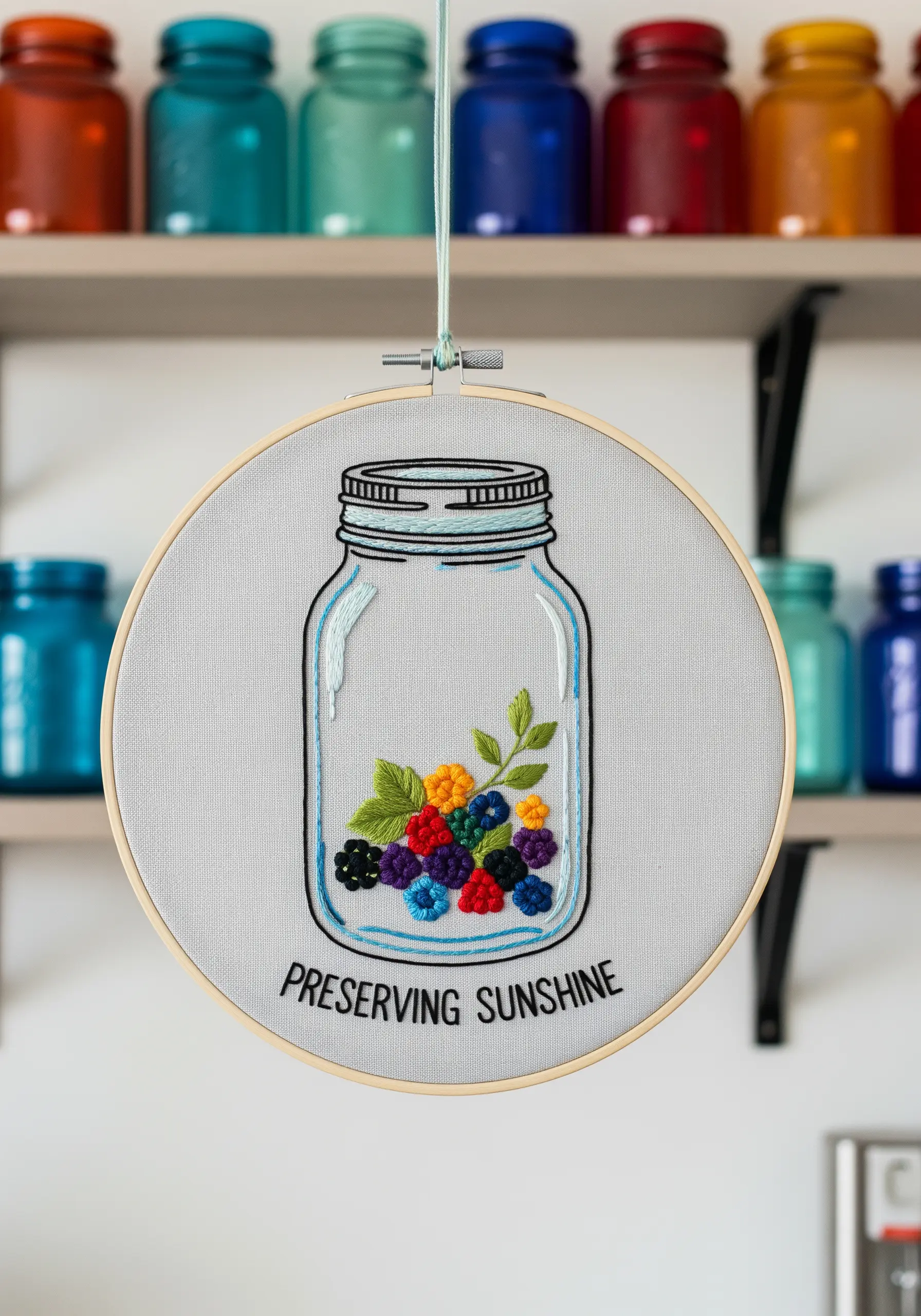 Embroidery of berries made with French knots and satin stitch inside a mason jar outline