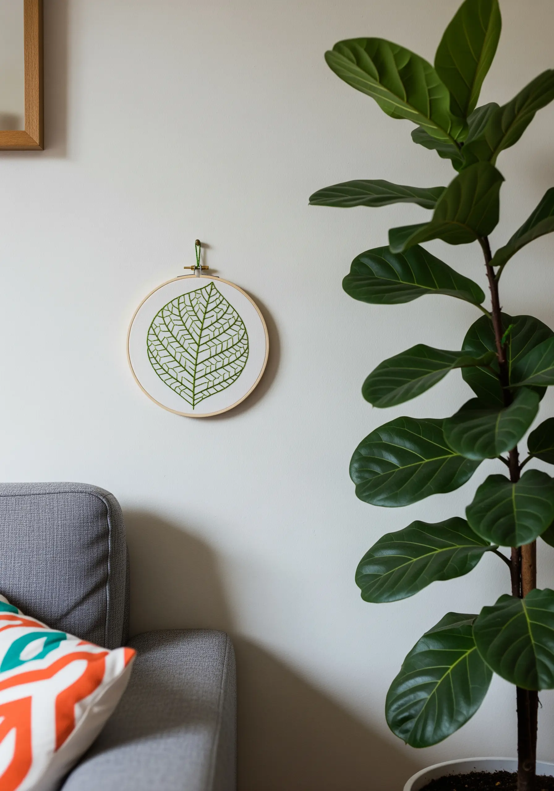 An embroidery hoop with a large leaf outline filled with a geometric grid pattern