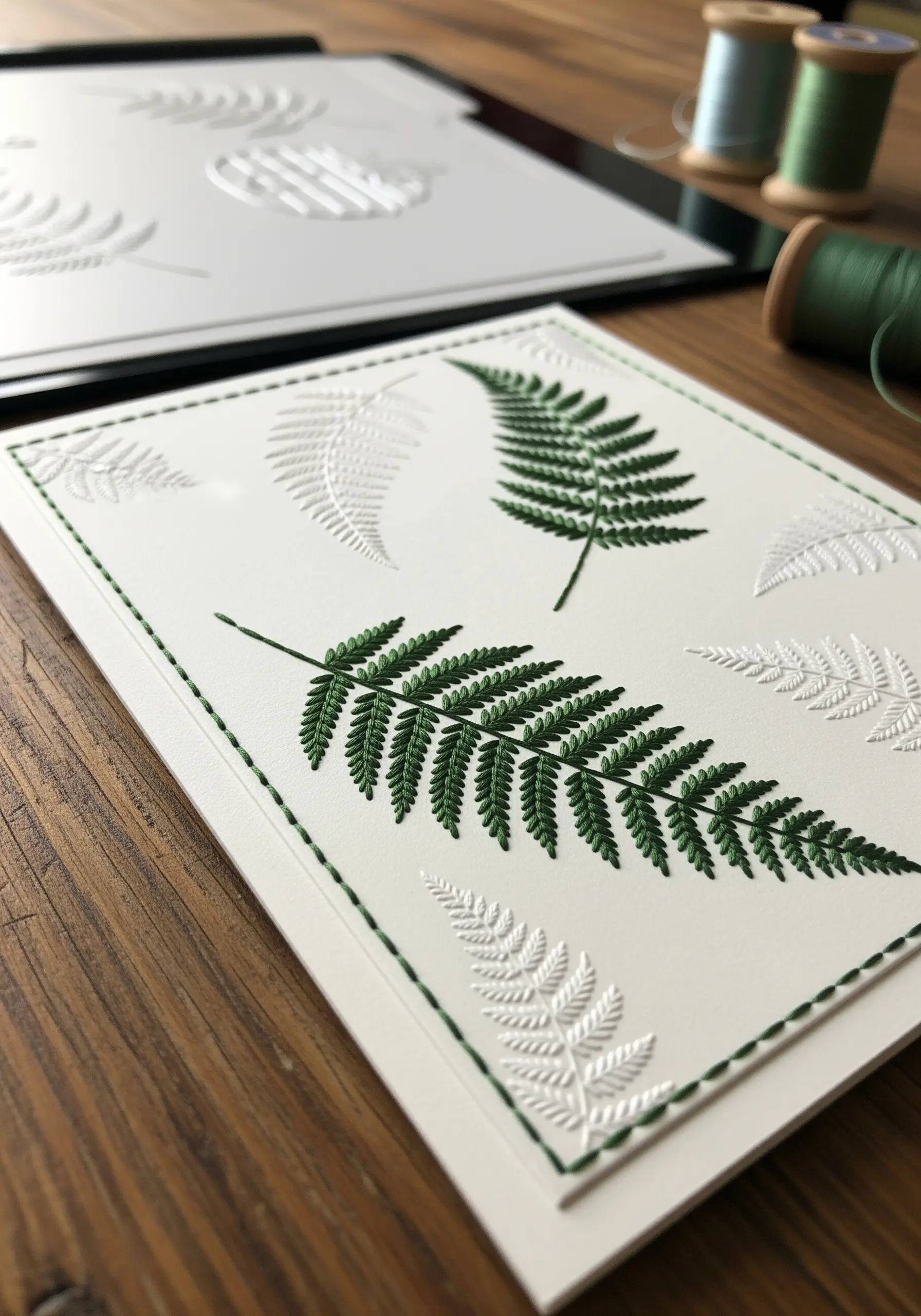 Fern motifs on white cardstock, with some embossed and others filled with green satin stitch.