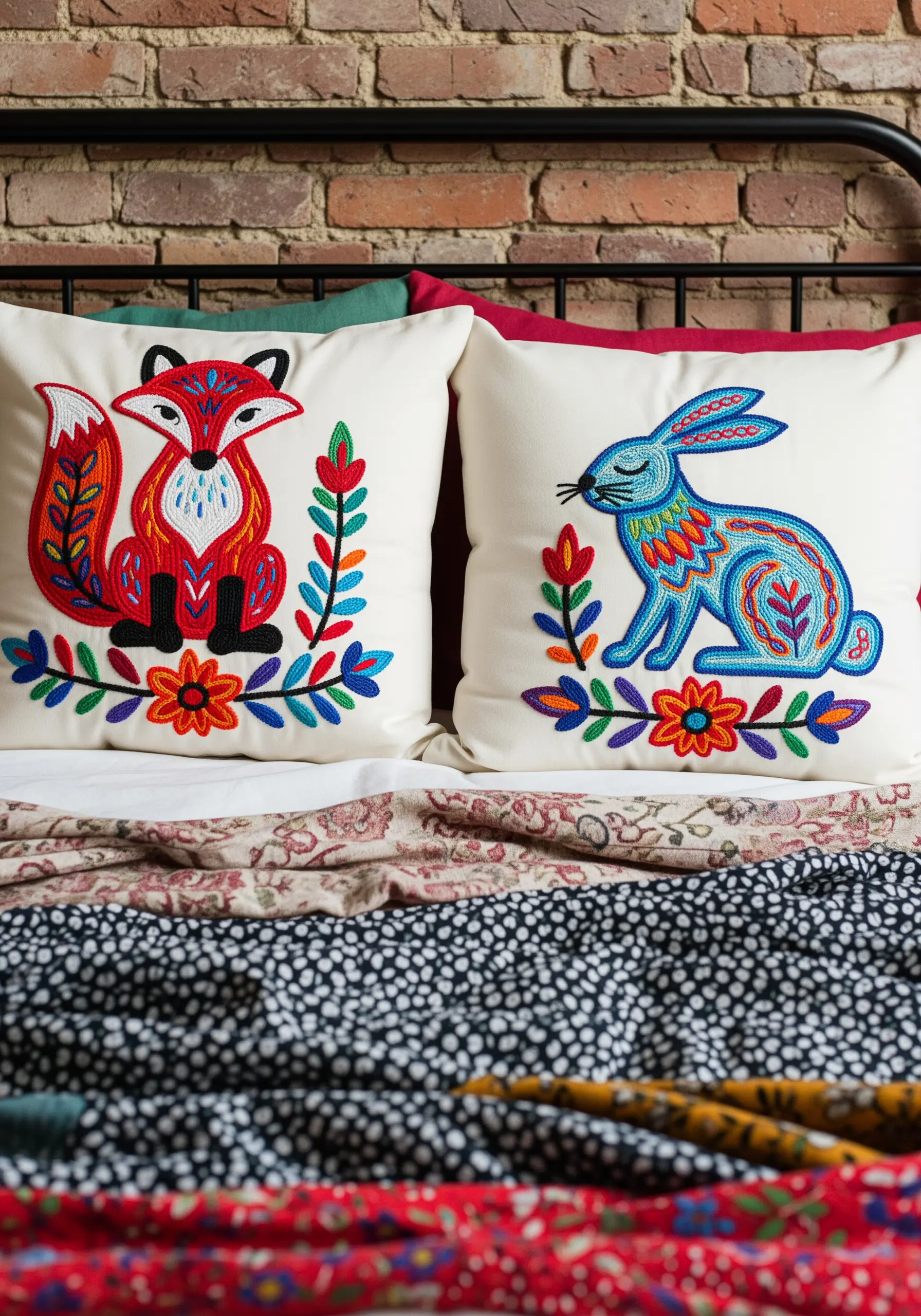 Two throw pillows with bold, colorful folk art embroidery of a fox and a rabbit.