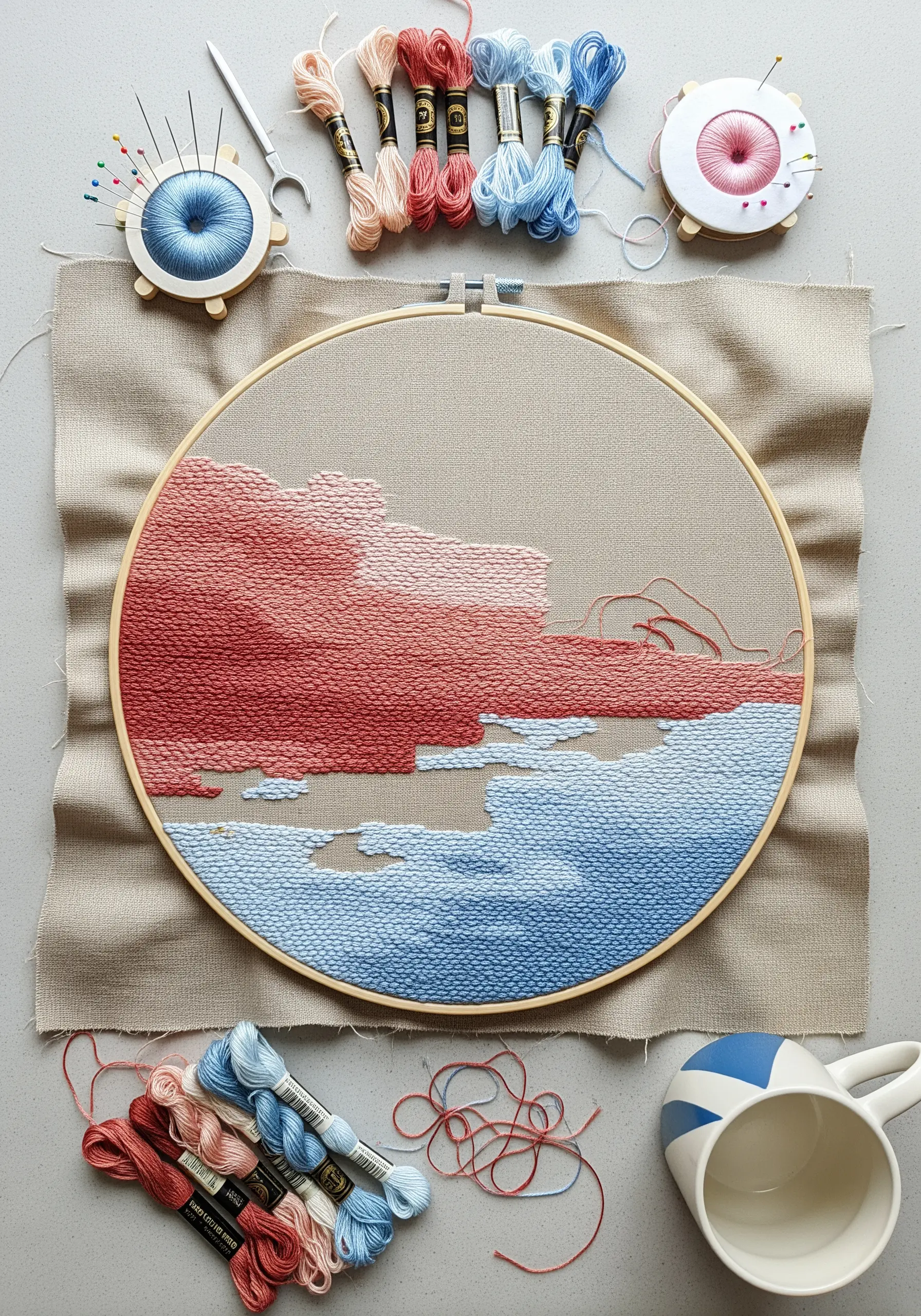 An abstract landscape in progress, with large sections of red and blue seed stitch.