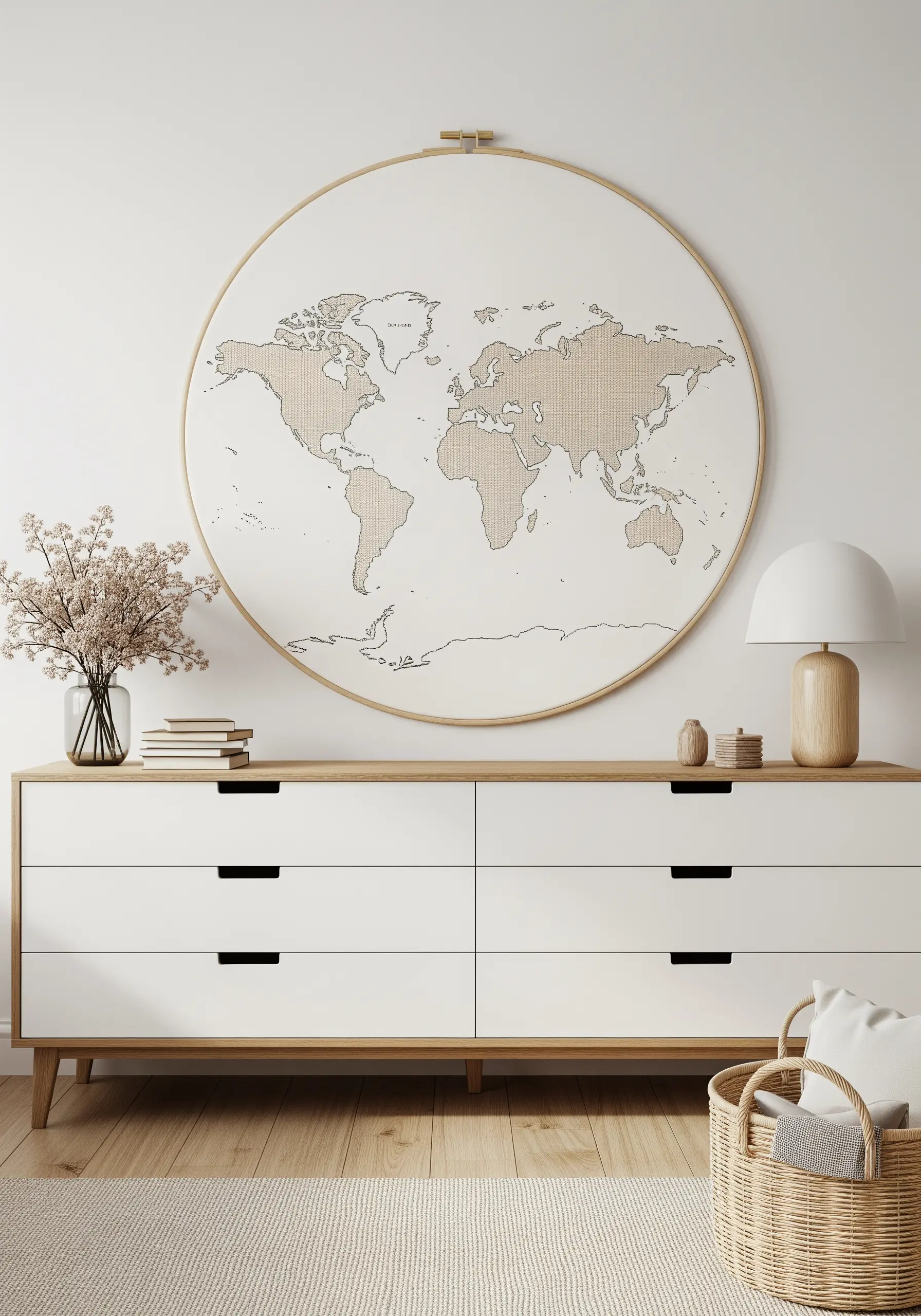 An oversized embroidery hoop featuring a world map stitched in neutral tones over a dresser