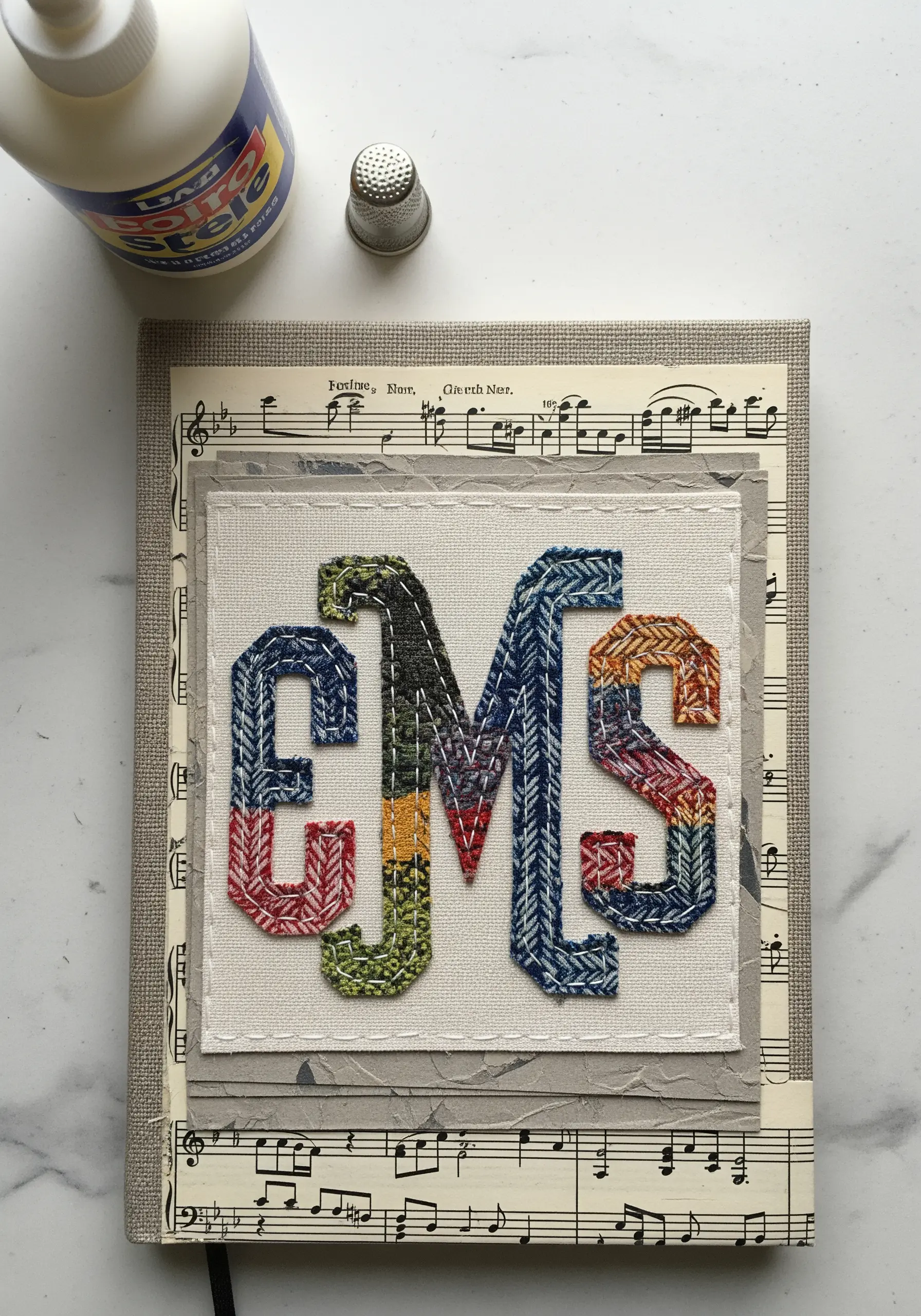 An embroidered monogram filled with colorful, directional satin stitches on a fabric patch.