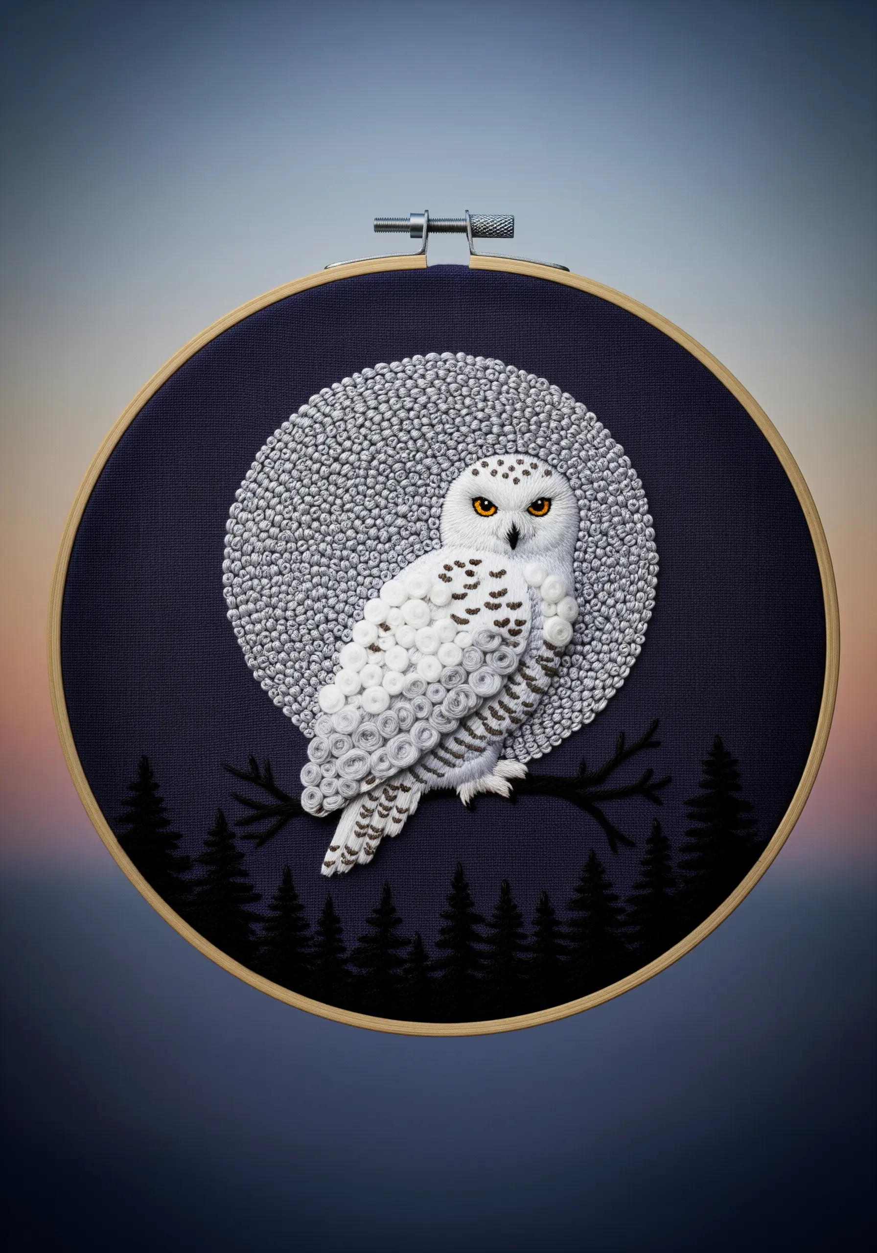 Embroidered snowy owl against a full moon made entirely of white and grey French knots.