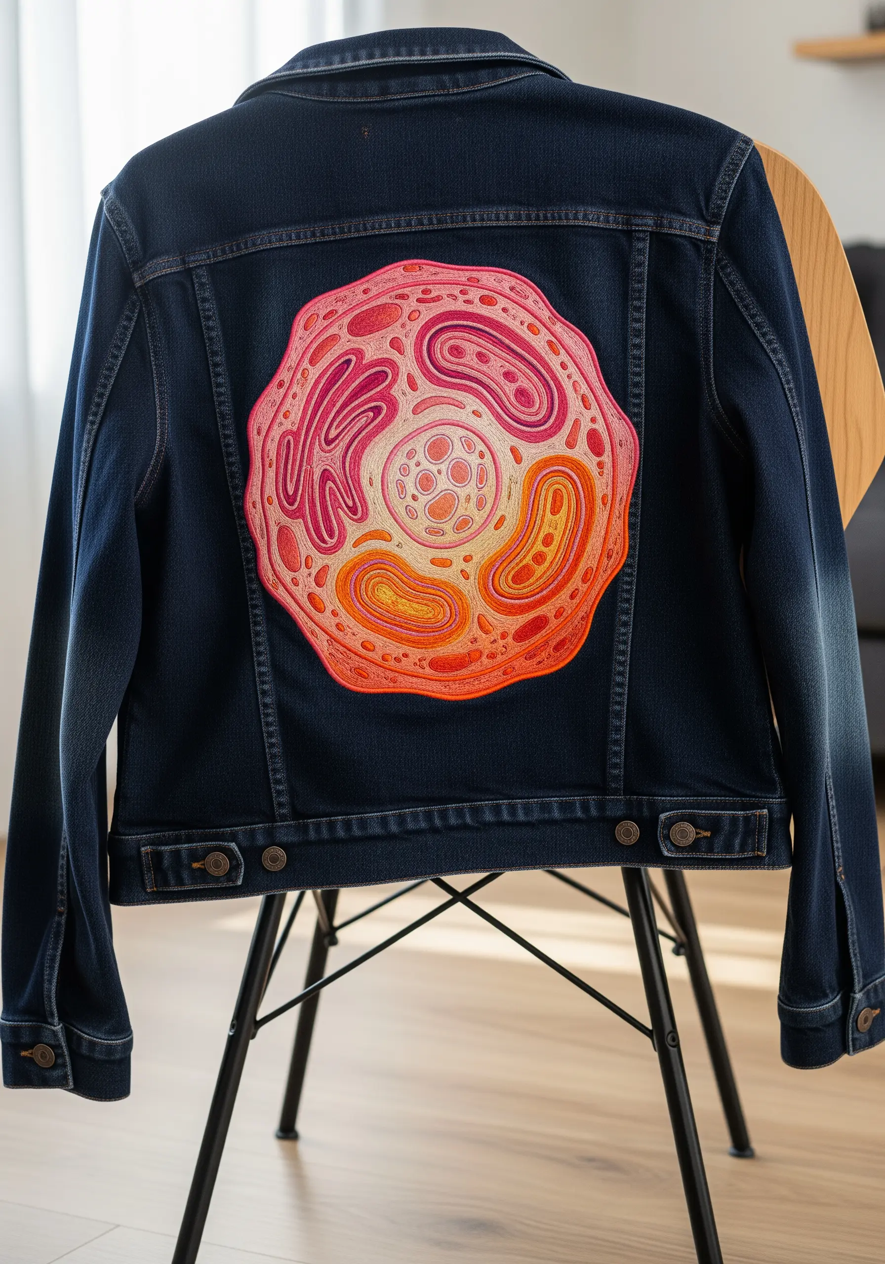 A large, organic cell-like embroidery on a dark denim jacket with swirling lines in warm tones.