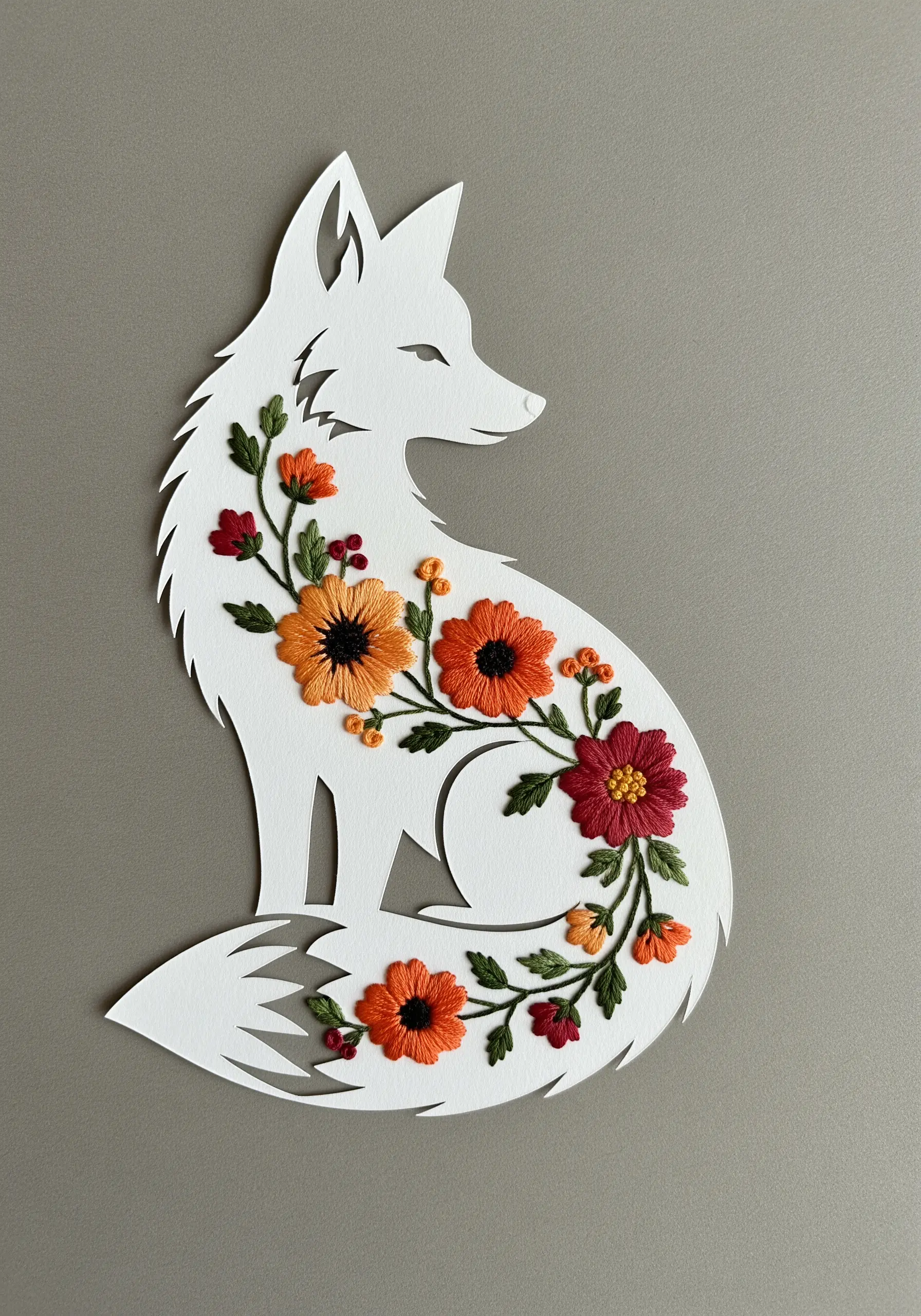 A floral satin stitch design embroidered inside a white paper cutout of a fox.