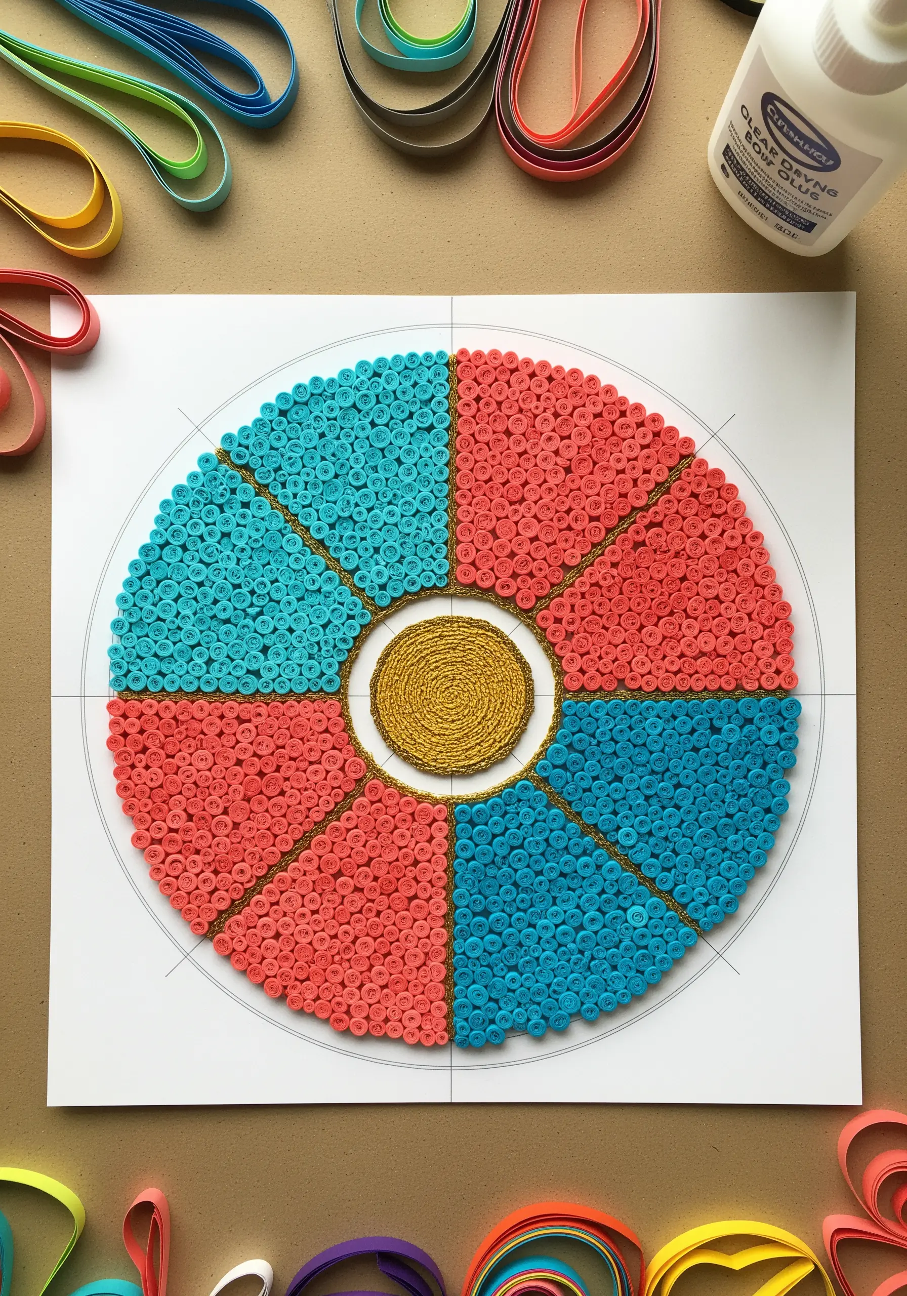 A color-blocked circle filled with hundreds of tiny, tightly rolled paper coils in red and blue.