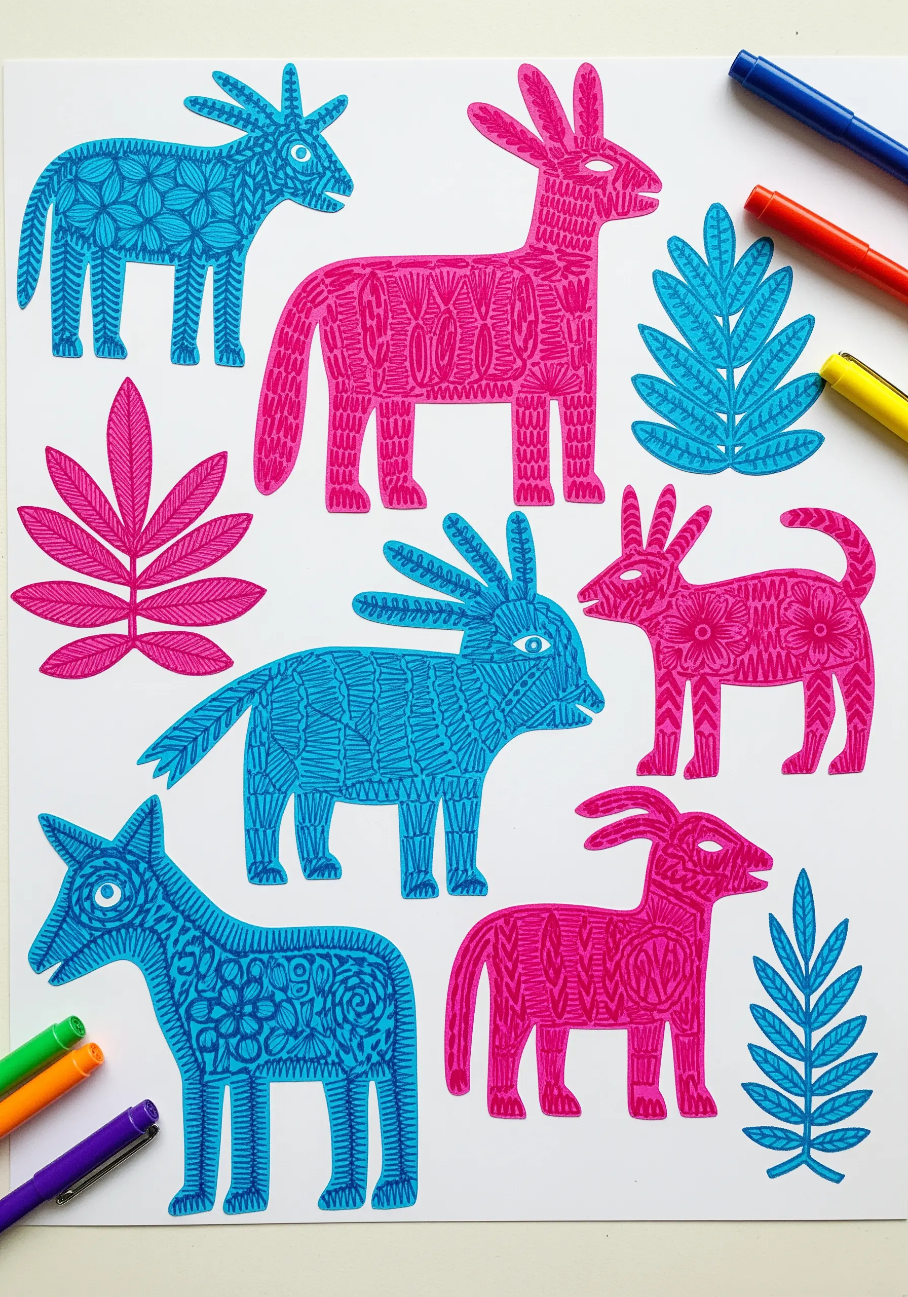 Folk art style animals in pink and blue, filled with intricate, doodle-like line patterns.