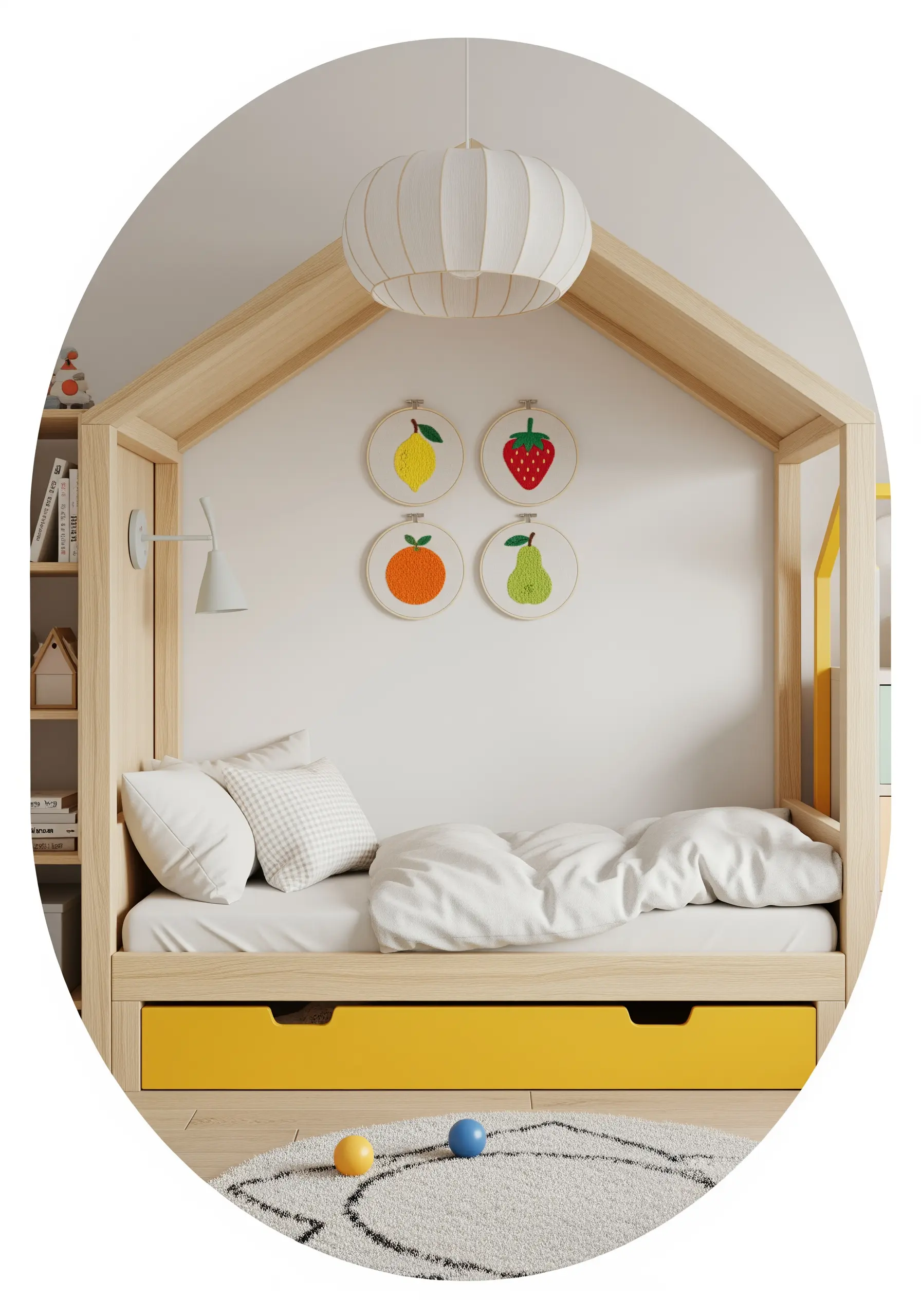 Four small embroidery hoops, each with a different fruit filled with seed stitch.