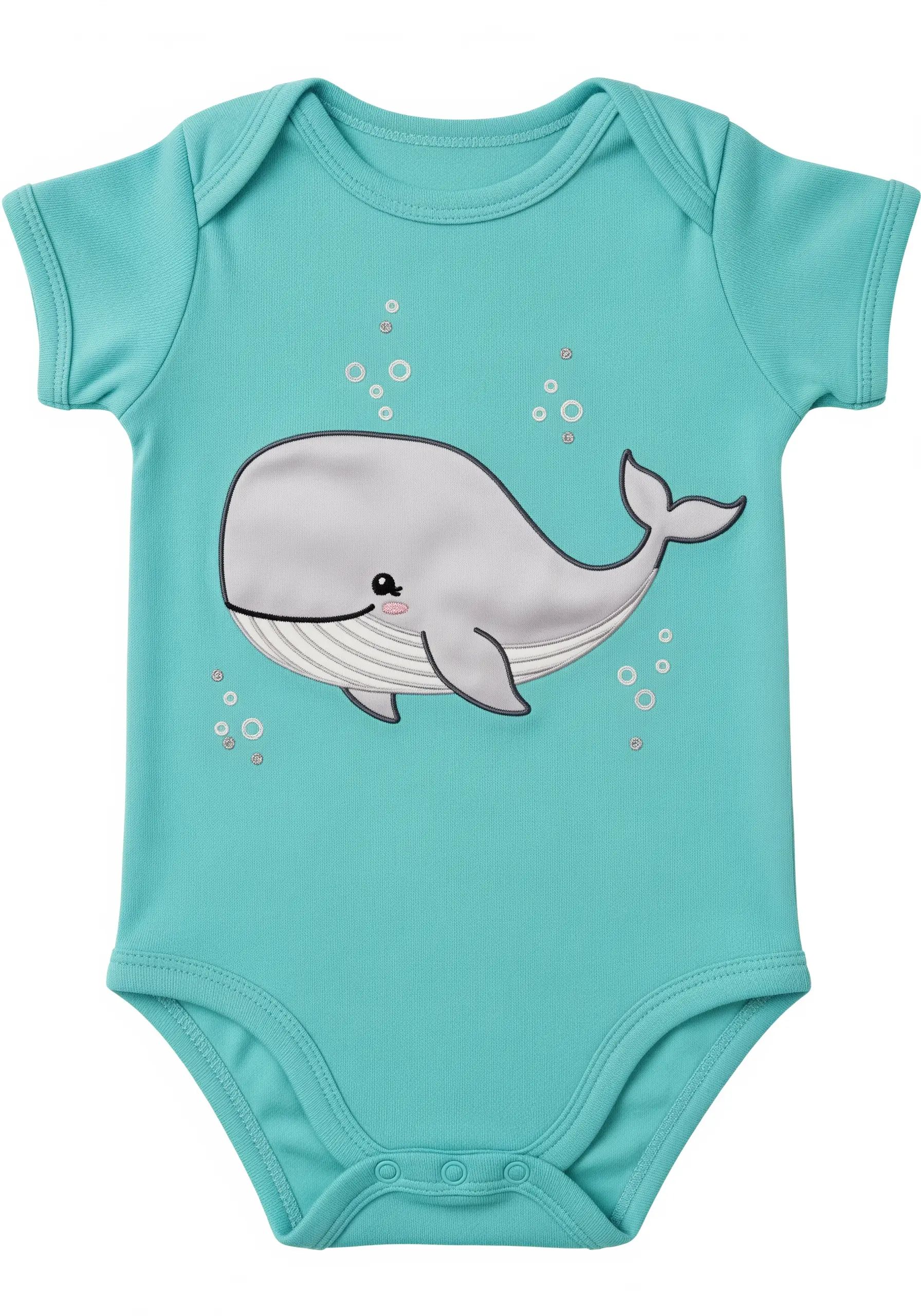 A large embroidered whale with bubbles on a turquoise baby bodysuit.
