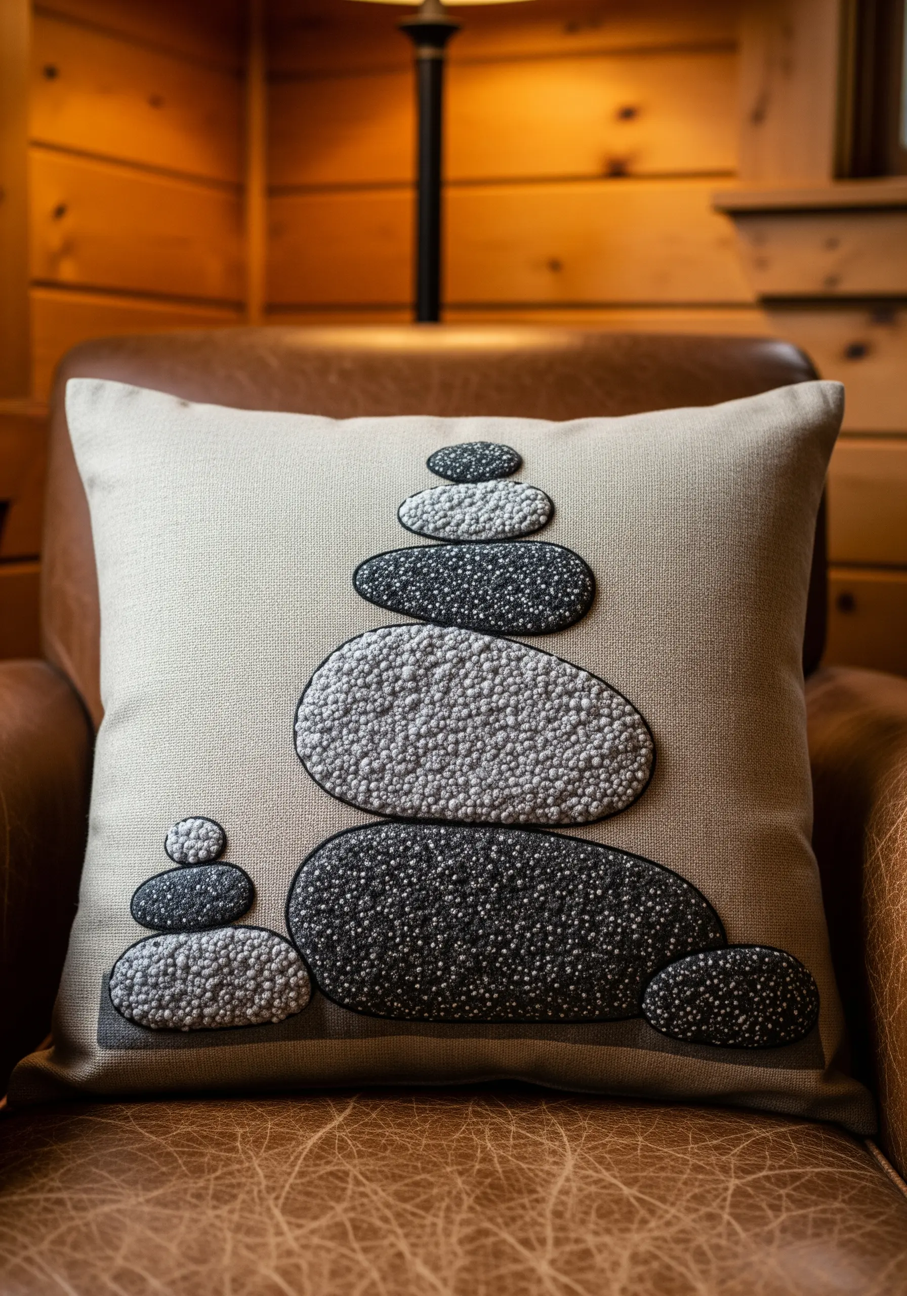 Linen cushion with appliquéd and embroidered stacked stones filled with French knots.